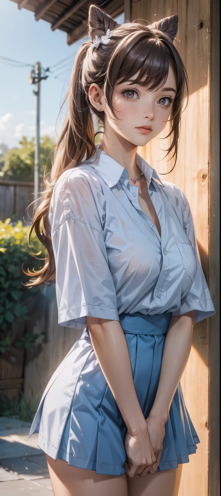 girl in summer clothes, white blouse, light blue shorts, pantyhose or long stockings, making like she wants to kiss you, view from viewer, medium breasts, cleavage, random backgroud, flirtatious look, ((very detailed)), (perfectly detailed face), (well detailed hand) photorealistic image.