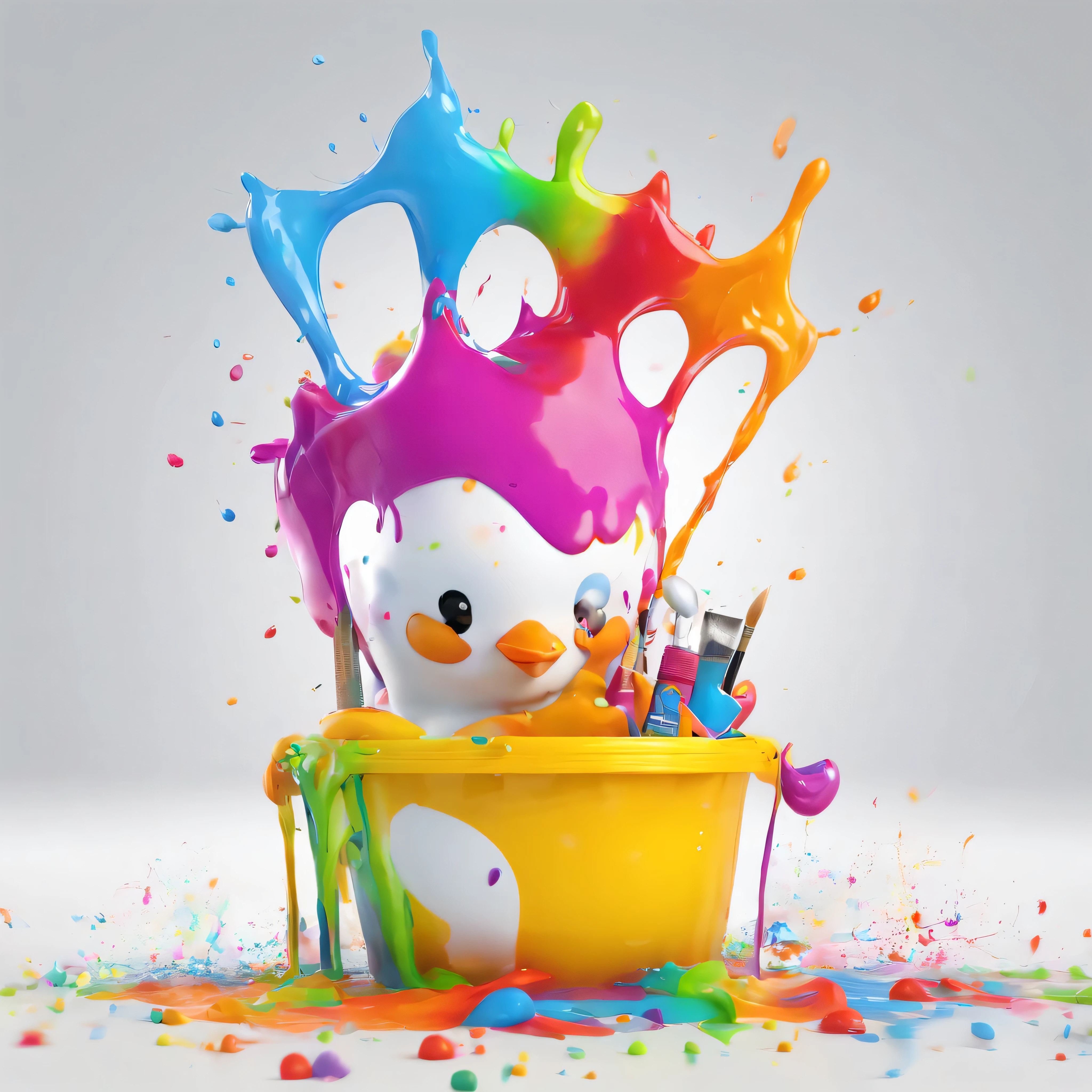 (masterpiece, highest quality, High resolution), white background, ((colorful paint splash, color splash, large amount of ink splash, color splash)), cute penguin mascot, 3D anime, Holding a paintbrush, innocent smile, front, whole body, bucket of paint,