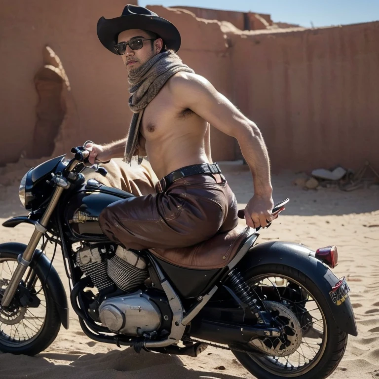 ((masterpiece)), ((best quality:1.2)), High Resolution, 8k, (ultra_realistic:1.3), (photorealistic:1.4), sharp focus, 1boy, (perfect face), cowboy , handsome sexy ,abs, latex string thong , shirtless , mask scarf , cowboy hat , gloves, boots, ammunition belt, desert environment , nsfw. ,eroticism , big fat ass , you sexy bitch