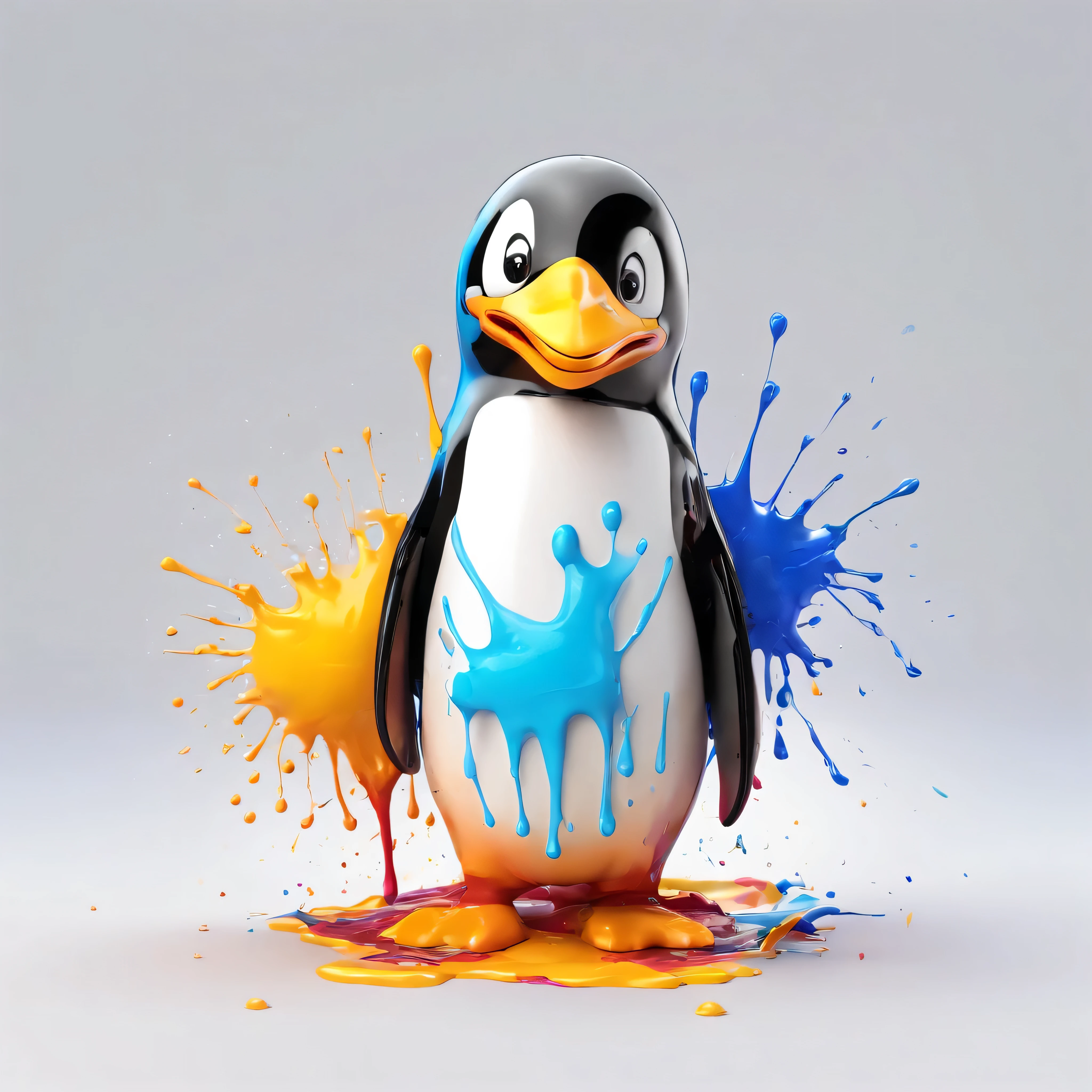 (masterpiece, highest quality, High resolution), white background, ((colorful paint splash, color splash, large amount of ink splash, color splash)), cute penguin mascot, 3D anime, Holding a paintbrush, innocent smile, front, whole body, bucket of paint,