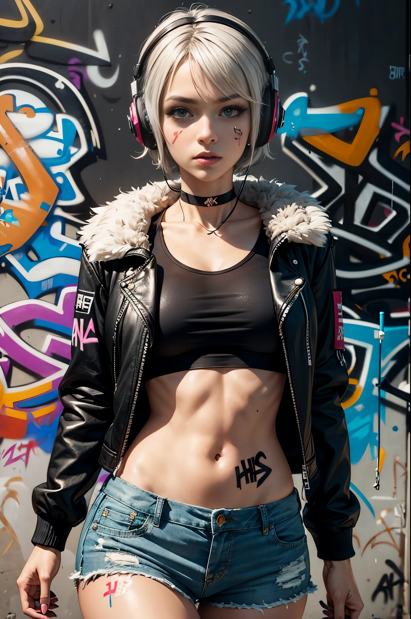 masterpiece, best quality, Tia is shown to have a fairly slender figure. She has white-grey hair , she has short hair and large pale green eyes, crop top, denim shorts, choker, (graffiti:1.5), leather jacket with fur, paint splatter, arms behind back, walking down the street, looking at viewer, armband, paint on body, head tilt, bored, headset,