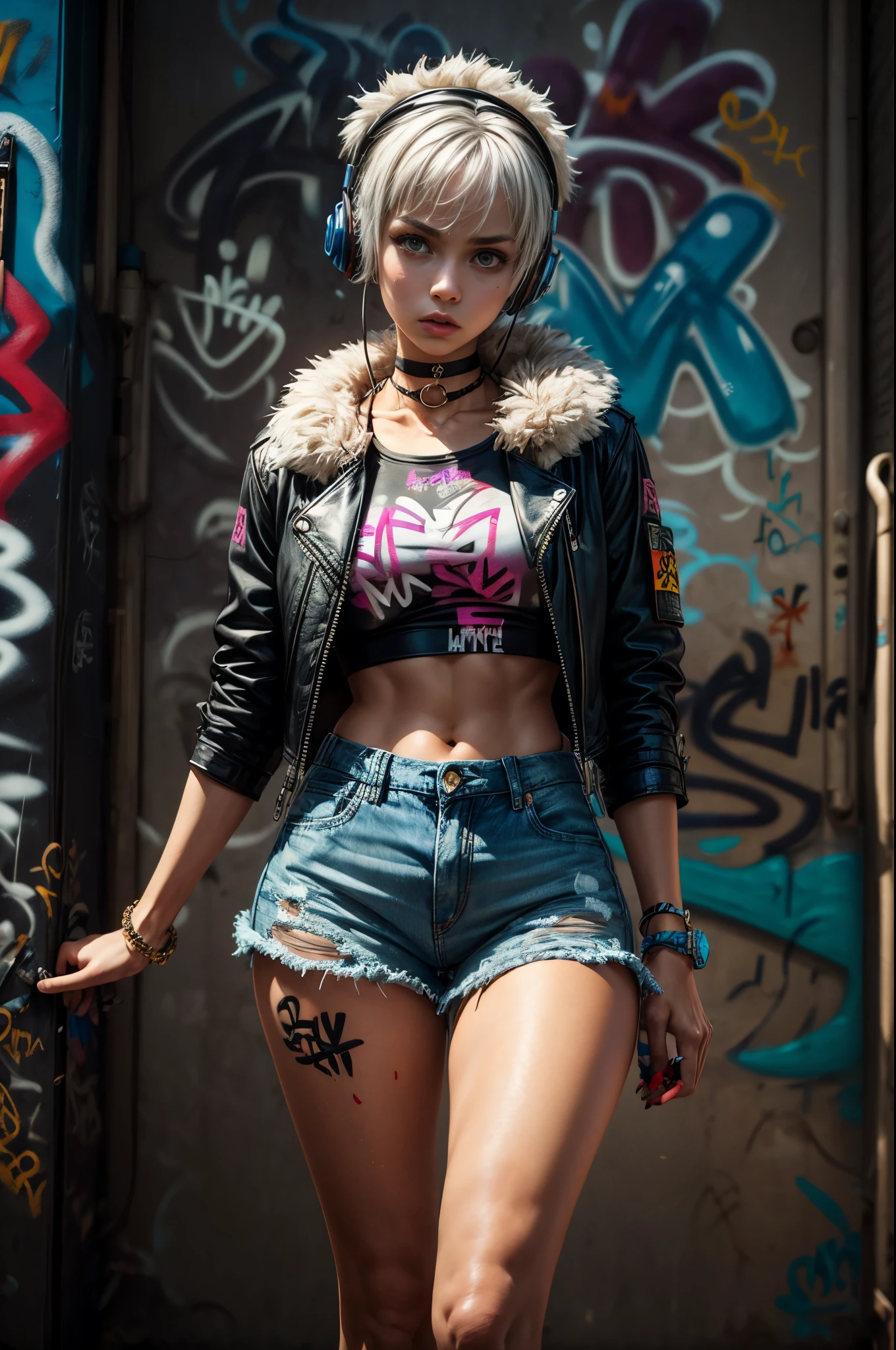 masterpiece, best quality, Tia is shown to have a fairly slender figure. She has white-grey hair , she has short hair and large pale green eyes, crop top, denim shorts, choker, (graffiti:1.5), leather jacket with fur, paint splatter, arms behind back, walking down the street, looking at viewer, armband, paint on body, head tilt, bored, headset,