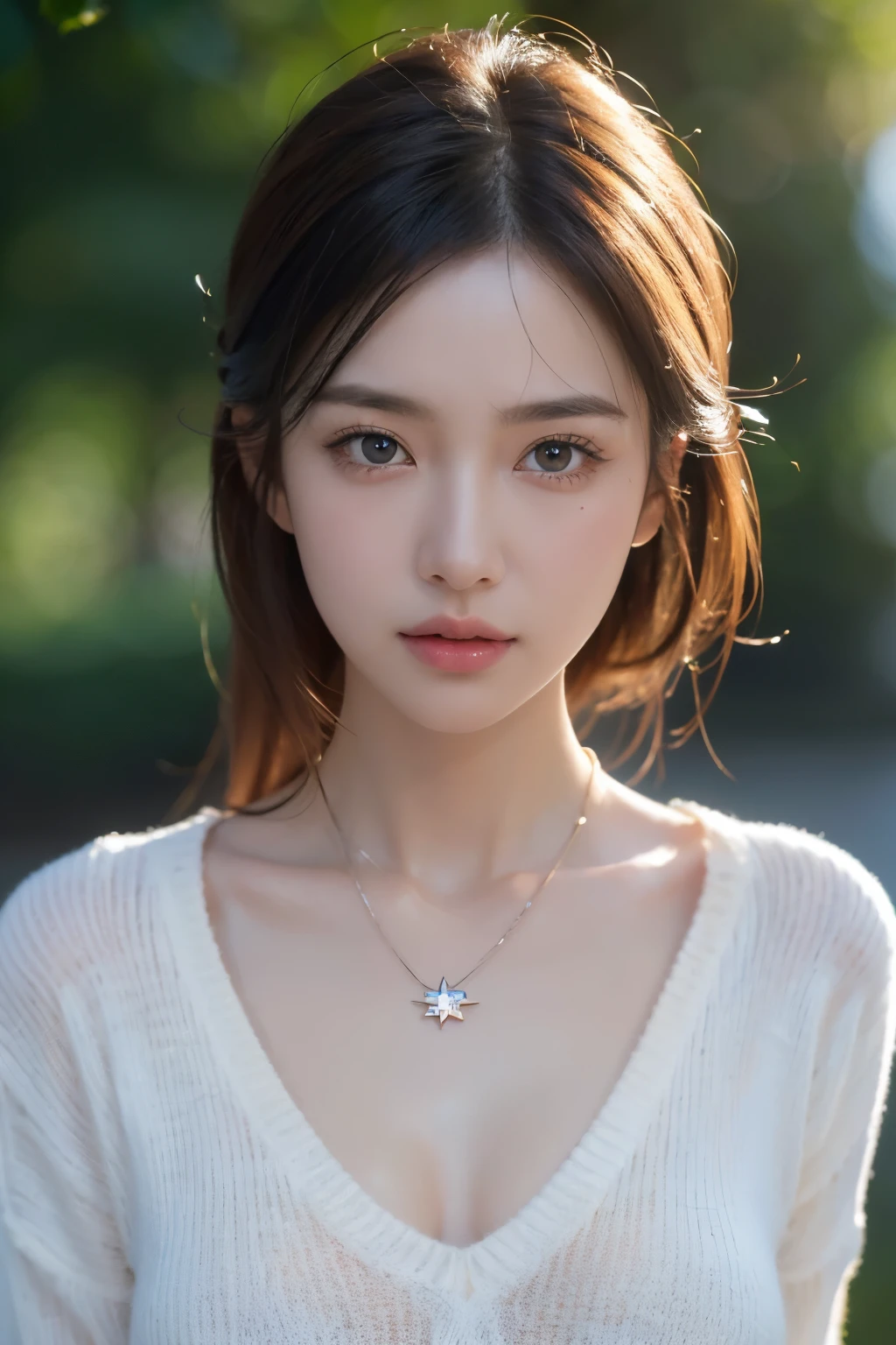 8k, masterpiece, RAW photo, best quality, photorealistic, extremely detailed CG unity 8k wallpaper, Depth of field, Cinematic Light, Lens Flare, Ray tracing, (extremely beautiful face, beautiful lips, beautiful eyes), intricate detail face, ((ultra detailed skin), Photo of Pretty 1 girl, medium breasts, upper body,face focus,oversized_sweater, necklace, simple background, from above, looking at viewer.