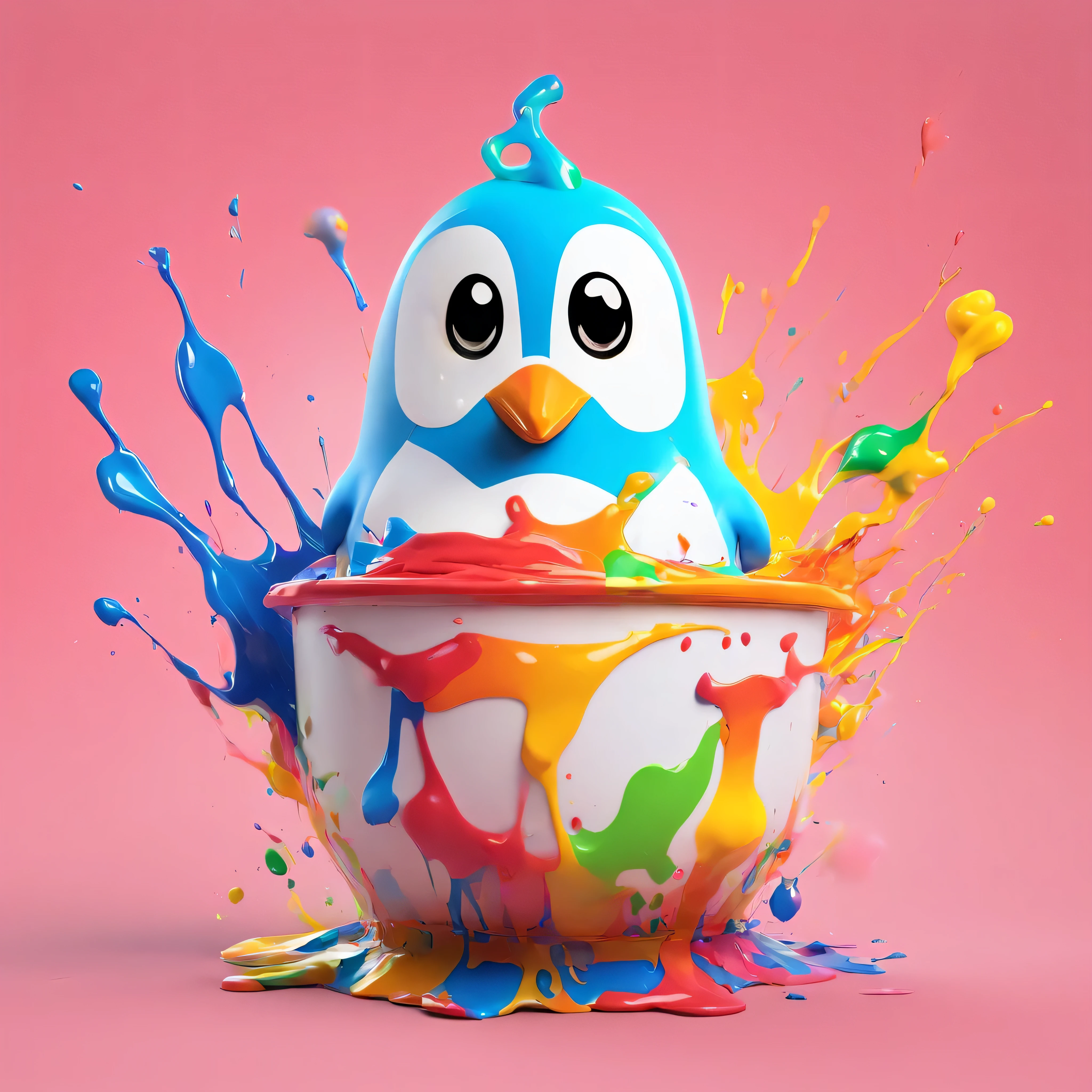 (masterpiece, highest quality, High resolution), white background, ((colorful paint splash, color splash, large amount of ink splash, color splash)), cute penguin mascot, 3D anime, Holding a paintbrush, innocent smile, front, whole body, bucket of paint, (A large amount of paint splashes flying in the air:1.4),