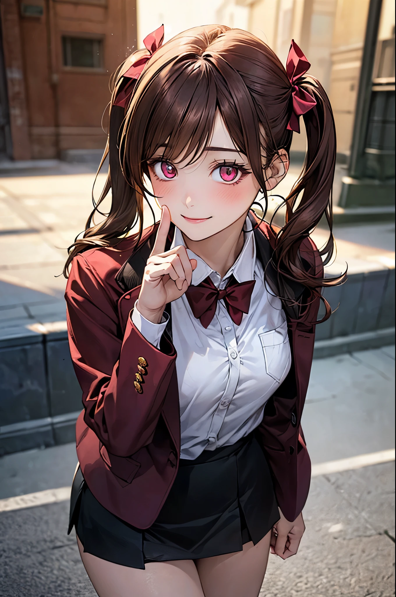 (masterpiece:1.2, top-quality), (realistic, photorealistic:1.4), beautiful illustration, (natural side lighting, movie lighting), nsfw, 
looking at viewer, (face focus, upper body), 1 girl, japanese, high school girl, perfect face, cute and symmetrical face, shiny skin, 
(long hair:1.5, twintails:1.4, dark brown hair), asymmetrical bangs, 2 hairpin, dark red eyes, glowing eyes, big eyes, drooping eyes, long eye lasher, (medium breasts), slender, dark red hair ribbon, 
beautiful hair, beautiful face, beautiful detailed eyes, beautiful clavicle, beautiful body, beautiful chest, beautiful thigh, beautiful legs, beautiful fingers, 
((dark red school jacket, dark brown pocket, white collared shirts, dark red mini skirt), dark red bow tie), 
(beautiful scenery), evening, (pink lined-heart background), standing, index finger raised, (heart👁️‍‍🗨️, happy smile, upper eyes),
