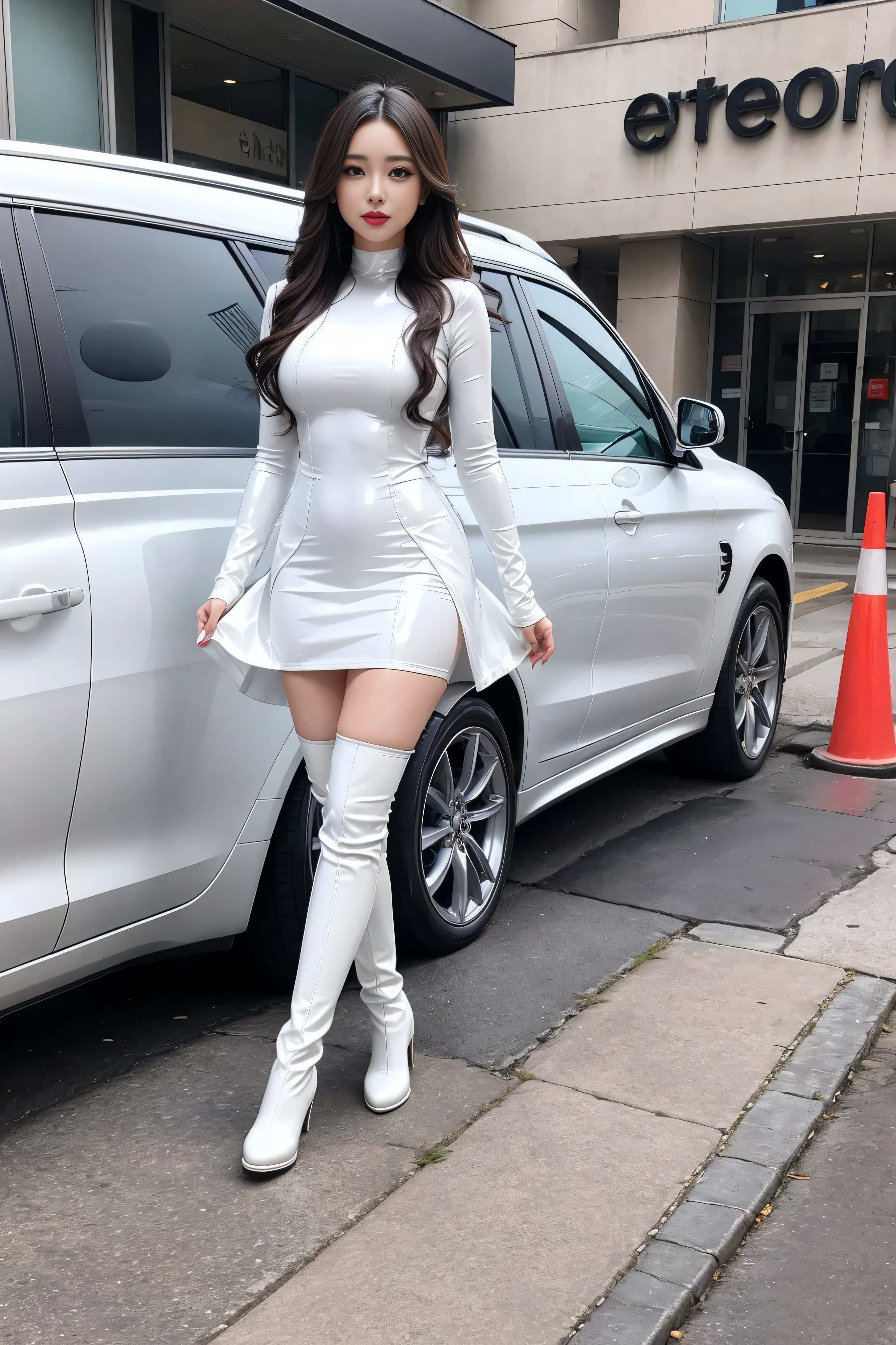 full-body shot, Woman wearing white latex dress and long latex boots, glamor style, Comic style--s 500