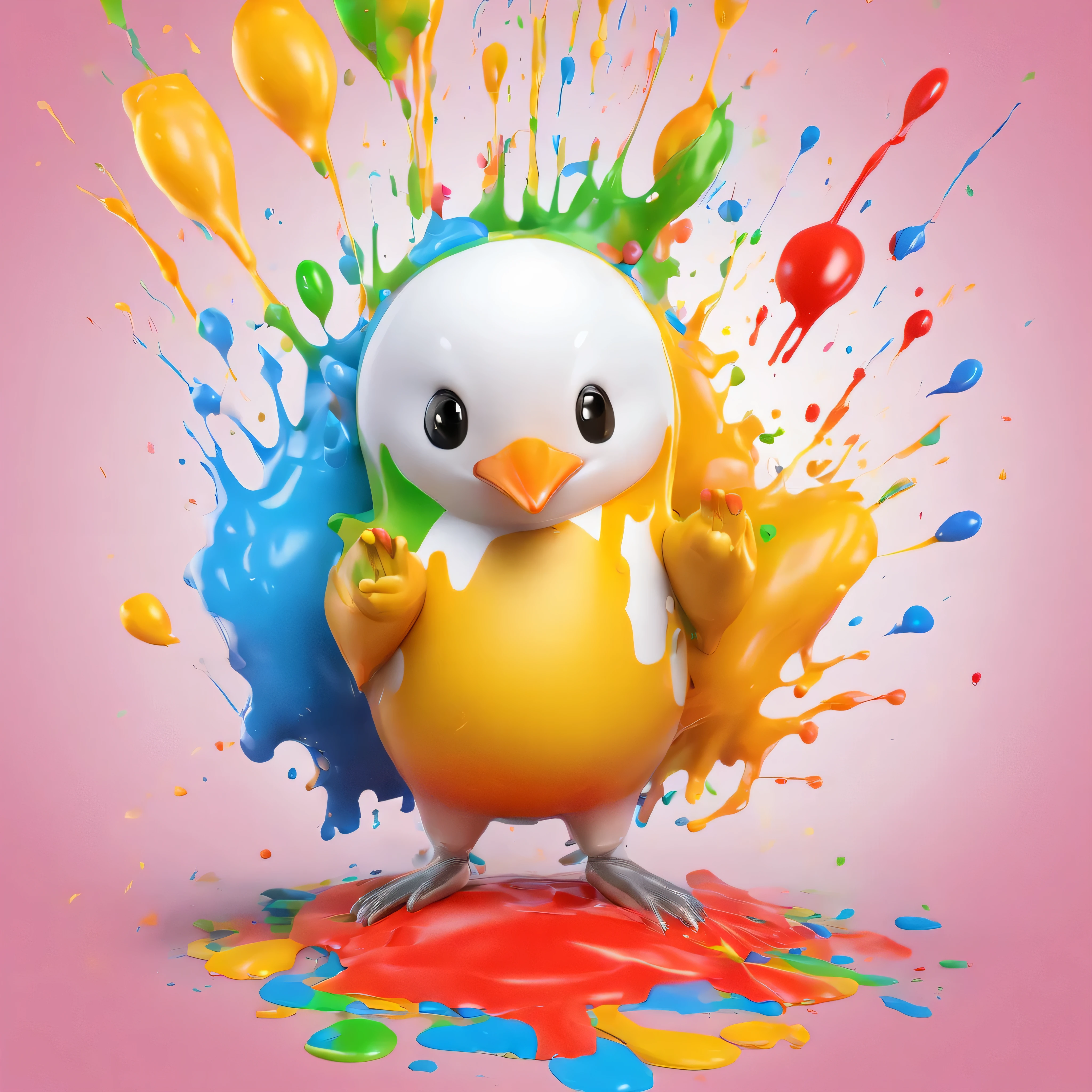 (masterpiece, highest quality, High resolution), white background, ((colorful paint splash, color splash, large amount of ink splash, color splash)), cute penguin mascot, 3D anime, Holding a paintbrush, innocent smile, front, whole body, bucket of paint, (A large amount of paint splashes flying in the air:1.4),