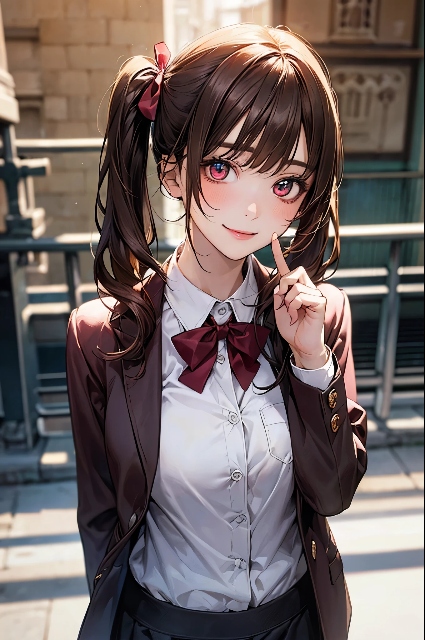 (masterpiece:1.2, top-quality), (realistic, photorealistic:1.4), beautiful illustration, (natural side lighting, movie lighting), nsfw,
looking at viewer, (face focus, upper body), 1 girl, japanese, high school girl, perfect face, cute and symmetrical face, shiny skin,
(long hair:1.5, twintails:1.4, dark brown hair), asymmetrical bangs, 2 hairpin, dark red eyes, glowing eyes, big eyes, drooping eyes, long eye lasher, (medium breasts), slender, dark red hair ribbon,
beautiful hair, beautiful face, beautiful detailed eyes, beautiful clavicle, beautiful body, beautiful chest, beautiful thigh, beautiful legs, beautiful fingers,
((dark red school jacket, dark brown pocket, white collared shirts, dark red mini skirt), dark red bow tie),
(beautiful scenery), evening, (pink lined-heart background), standing, index finger raised, (heart👁️🗨️, happy smile, upper eyes),