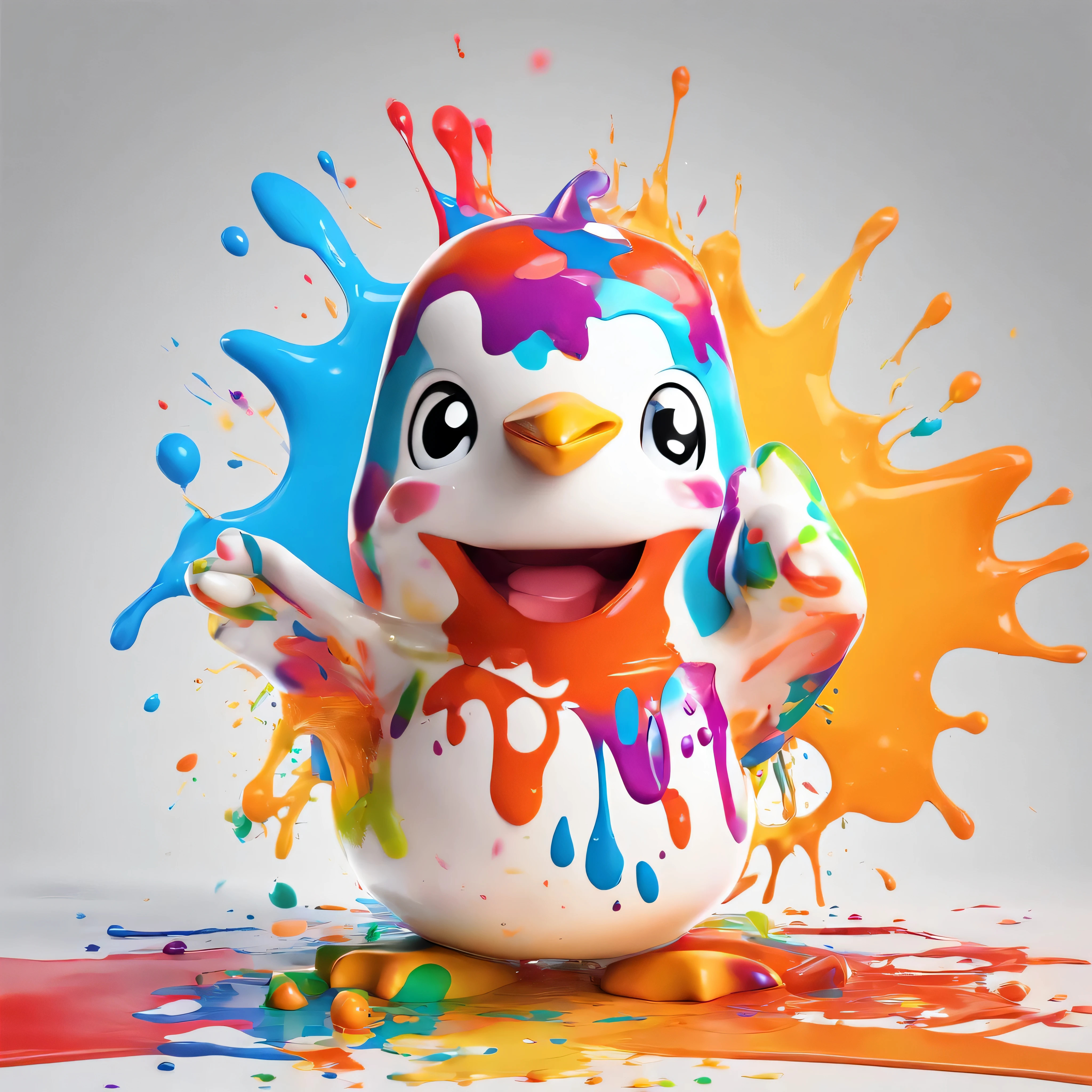 (masterpiece, highest quality, High resolution), white background, ((colorful paint splash, color splash, large amount of ink splash, color splash)), cute penguin mascot, 3D anime, Holding a paintbrush, innocent smile, front, whole body, bucket of paint, (A large amount of paint splashes flying in the air:1.4),