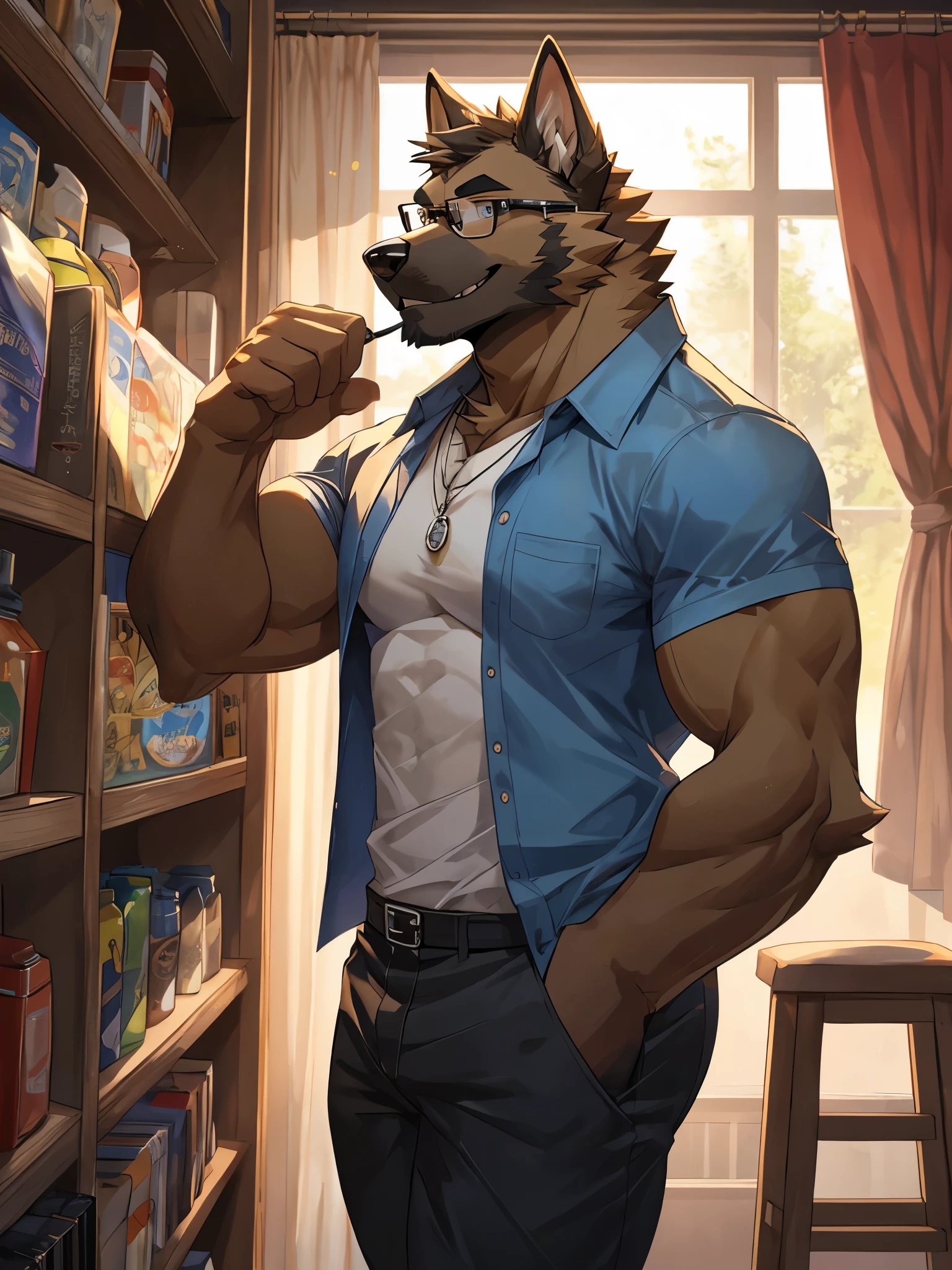 solo, pubraseer, furry german sheperd dog, muscular body, handsome, Smiling, mouth open, holding glassess, cool pose, casual shirt, casual pants.