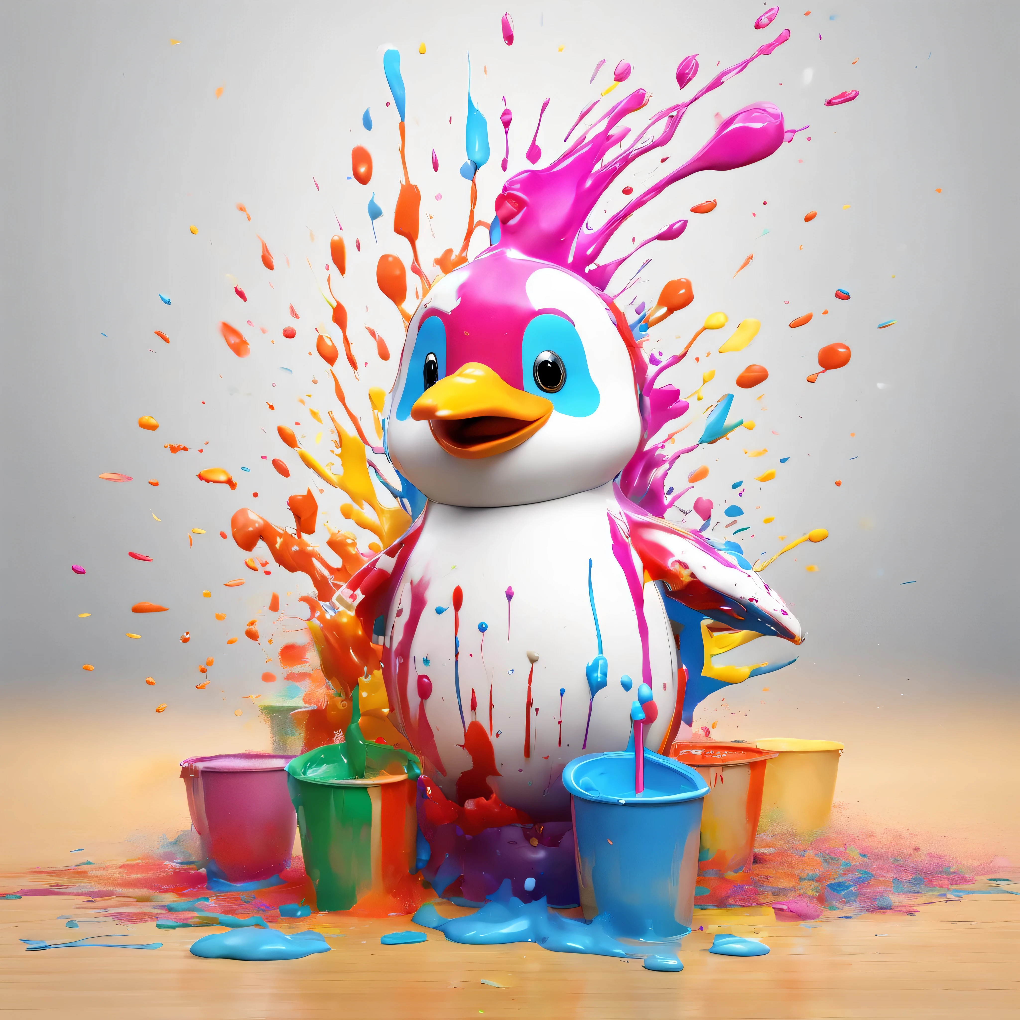 (masterpiece, highest quality, High resolution), white background, ((colorful paint splash, color splash, large amount of ink splash, color splash)), cute penguin mascot, 3D anime, Holding a paintbrush, innocent smile, front, whole body, bucket of paint, (A large amount of paint splashes flying in the air:1.4),