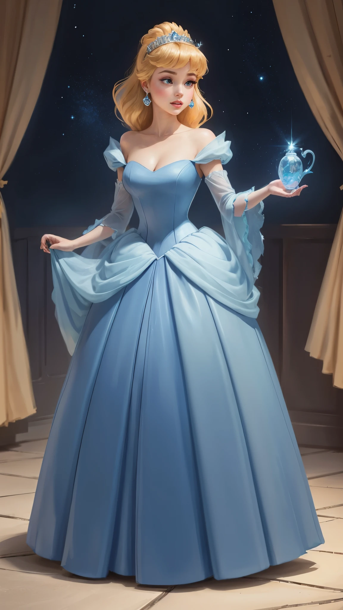 ((1 girl)), Masterpiece, (high quality, best render), (beautiful girl, cinderella), (bomb, pin-up style), hot, floss, perfect body, 4k hd, disney princess, beautiful female princess, anime princess, hd artwork, official art, disney cartoon, beautiful princess, long thin legs, large breasts, sexy pose, holding dress, vibrant colors, a cartoon princess in a blue dress with a tiable, she has pale skin, cinderella, disney character, disney character style, disney's princess, disney art style, disney artstyle, anime princess, fantasy, full dress, fancy party background