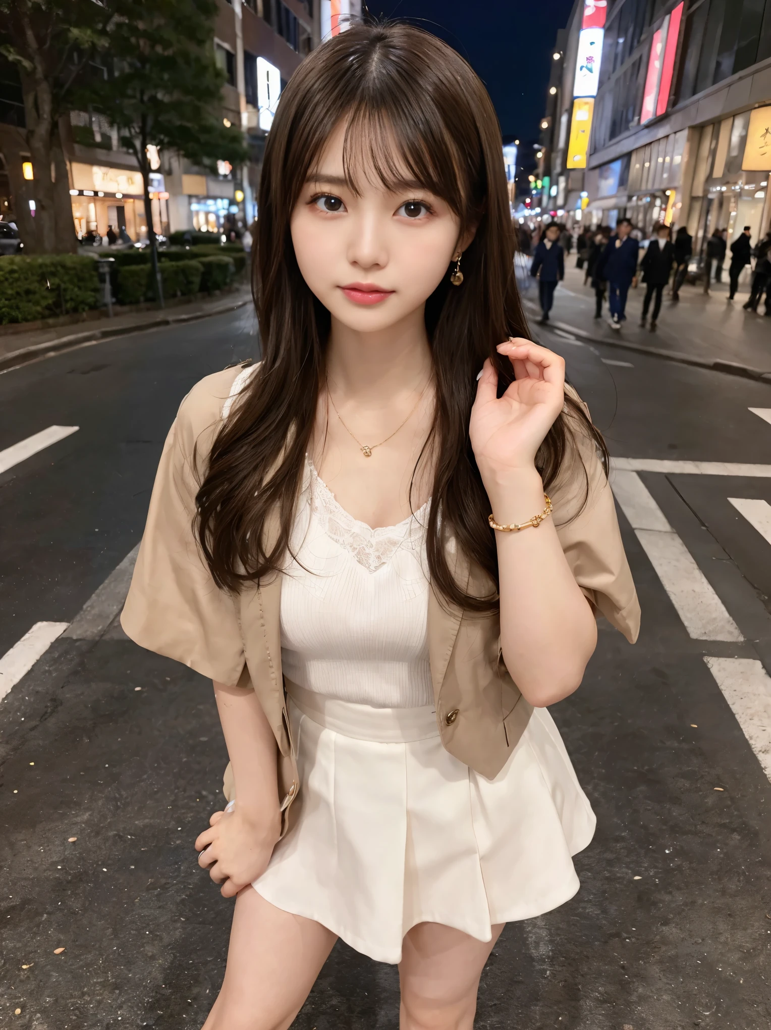 (((32K,very high resolution, high detail, very accurate,masterpiece girl 1))),RAW photo & realistic atmosphere,beautiful dark blue eyes,detailed mouth,glossy lips,fine eyebrows,Soft white skin that shines in every detail,,detailed eyes、Very beautiful eyes with deep blue eyes,lip details、very beautiful face,very well-shaped face、lifelike face,shining beautiful lips,beautiful eyebrows,infinite reality,best design,(A very cute plain Japanese 17 year old high school girl,toned body,thighs thighs thighs,thin legs,Beautifully shaped breasts,She is a very cute beautiful girl,:1.5),best natural makeup,japanese id,korean idol,Young sensual idols,Moist eyes,dark beautiful eyes,beautiful butt,beautiful feet,,camel's foot,:1.3),Super high resolution、,natural and realistic face,Backlight,Her pure eyes are too cute,(((photorealism,Take a full body photo))),,real live action,(stylish looking earrings,,necklace,bracelet,gyuru,shiny nail art,girly clothes装,,girly clothes,Dress up elegantly like a maiden,tailored jacket,Elegant beautiful skirt,Cute fashionable girl,Light brown soft permed medium hair,solo,,chew a little,Full body Esbian:1.7),Shibuya night(turned around:1.5)