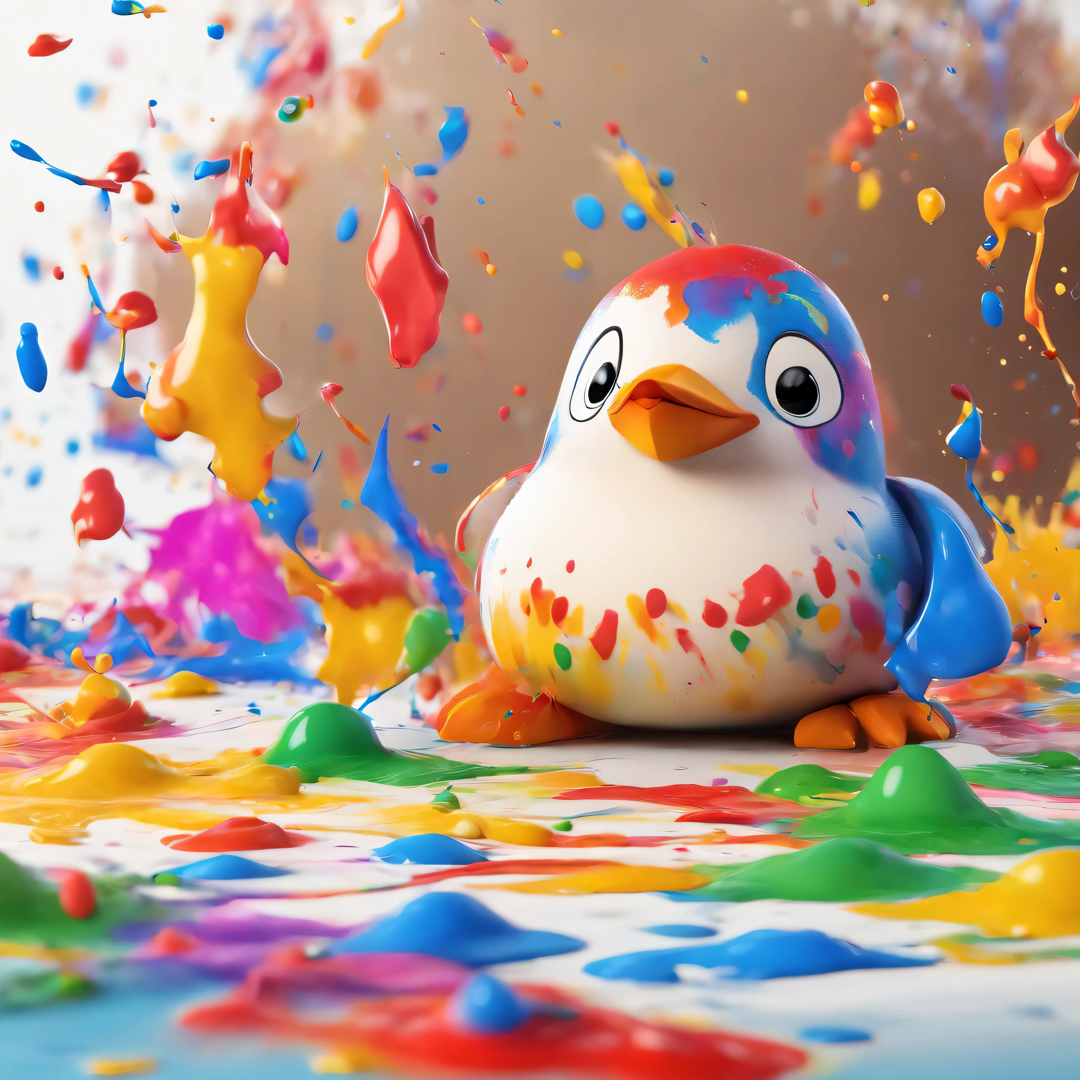 (masterpiece, highest quality, High resolution), white background, ((colorful paint splash, color splash, large amount of ink splash, color splash)), cute penguin mascot, 3D anime, Holding a paintbrush, innocent smile, front, whole body, bucket of paint, (A large amount of paint splashes flying in the air:1.4),