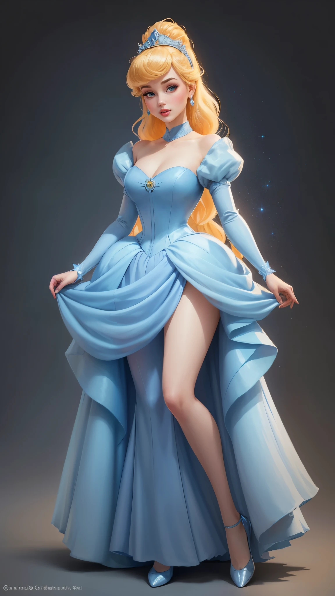 ((1 girl)), Masterpiece, (high quality, best render), (beautiful girl, cinderella), (bomb, pin-up style), hot, floss, perfect body, 4k hd, disney princess, beautiful female princess, anime princess, hd artwork, official art, disney cartoon, beautiful princess, long thin legs, large breasts, sexy pose, vibrant colors, a cartoon princess in a blue dress with a tiable, she has pale skin cinderella, disney character, disney character style, disney's princess, disney art style, disney artstyle, anime princess, fantasy, full dress, at a fancy party