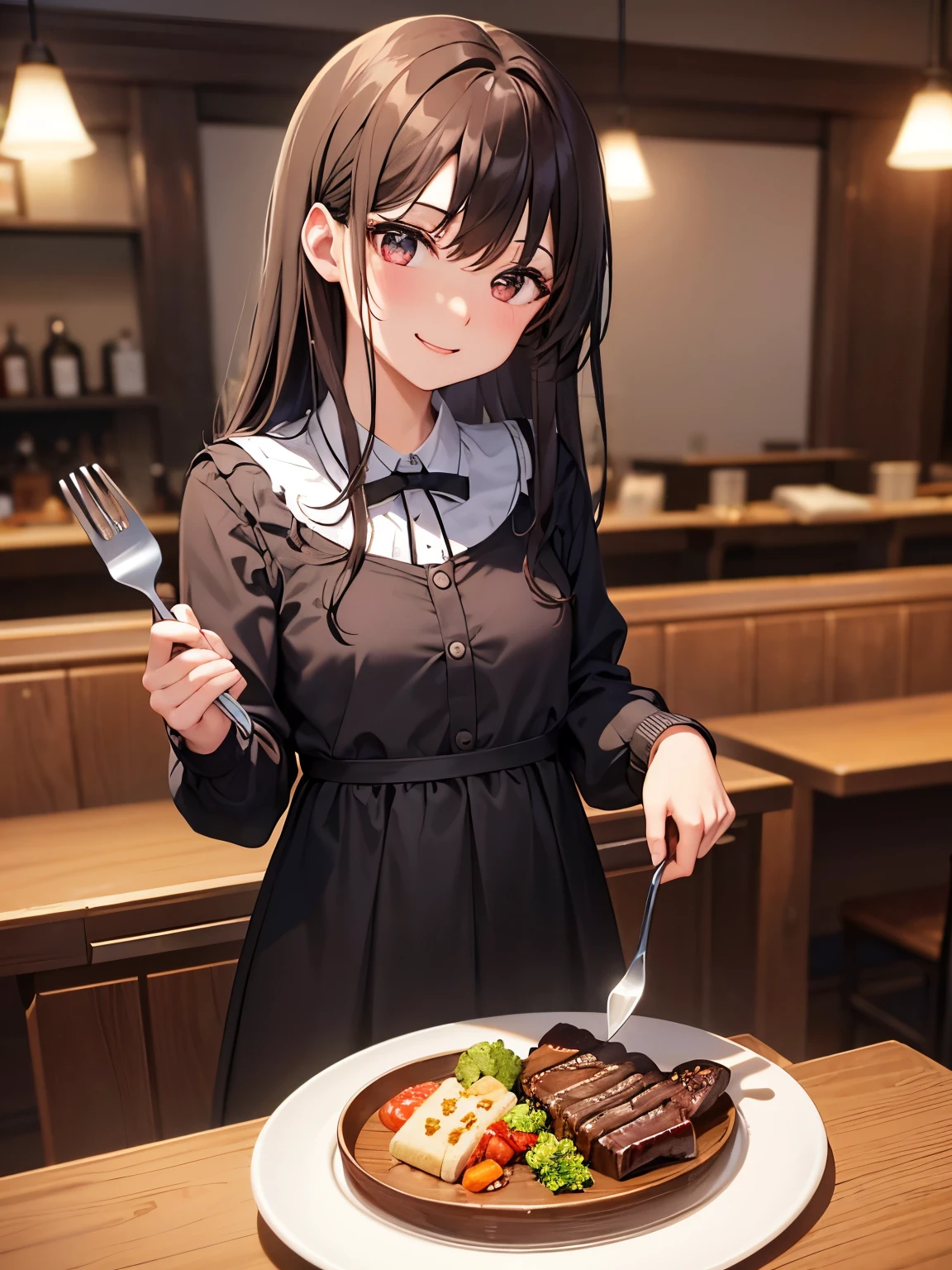 (masterpiece), (highest quality), Super detailed, perfect face, perfect body, brown hair long hair、dark black eyeshadow、1 girl, adult woman beautiful girl,narrow eyes smile、smile、squint your eyes and laugh、looks fun、open your mouth、flat chest、clear、 OL、blouse、cardigan gray、sexy、night、restaurant、steak、美味しそうにsteakを食べる、knife、fork、table、tableの上のsteak、鉄板に乗ったsteak