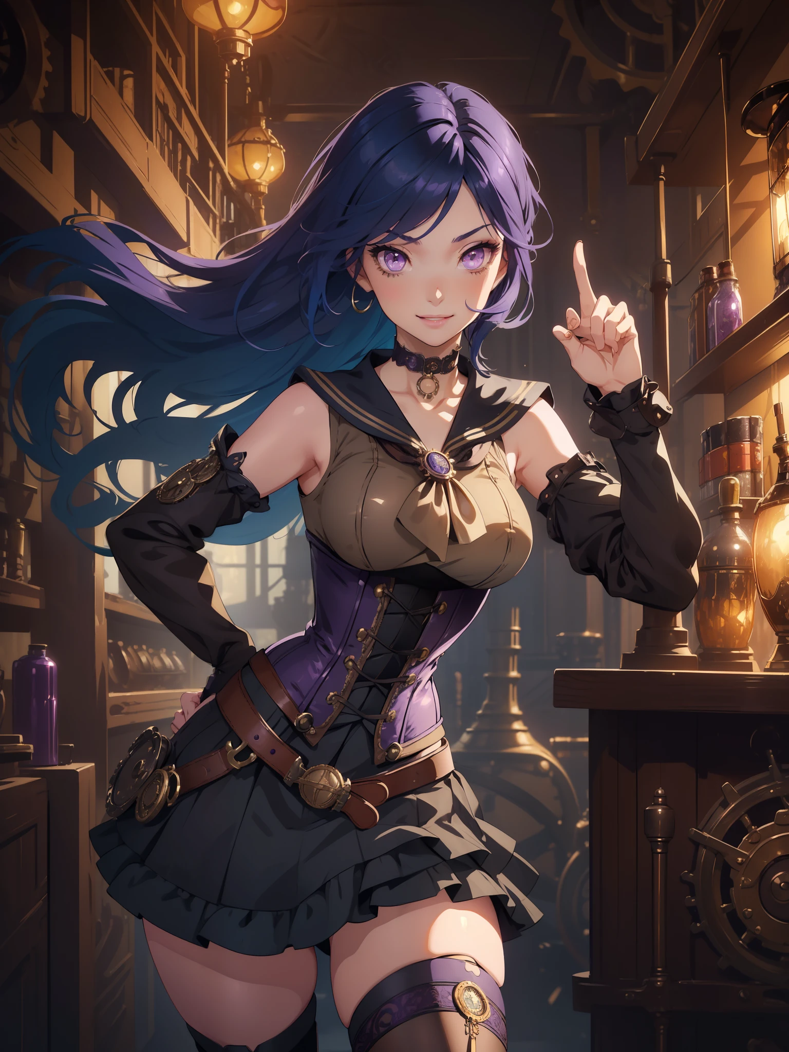 masterpiece, high quality, illustration, extremely detailed, steampunk town, standing, 1_women, (full body), (bright blue hair), medium length hair, cute bangs, flowing hair, (exotic skin_complexion:1.4),mature, tall, (hand on hip), (giving thumbs up), beautiful, exotic, elegant, slim, (((sailor collar))), sleeveless, black thigh highs, choker, medium bust, (brown steampunk corset), black Lolita style skirt, knee high brown boots with laces, black elegant elbow gloves, diamond shaped eyes, (((purple eyes))), dark_eyeliner, long_eyelashes), natural dynamic lighting, smiling, happy, (((winking at viewer))), steampunk