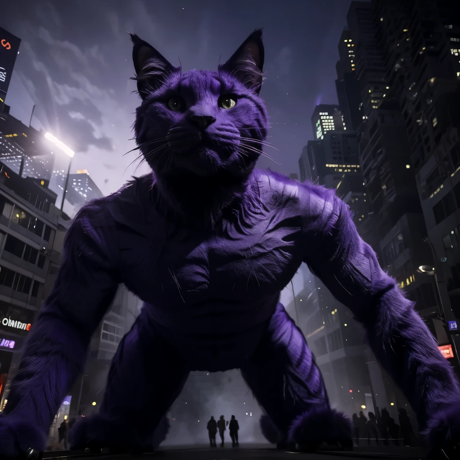 Make a very scary giant purple cat now attacking some scientists