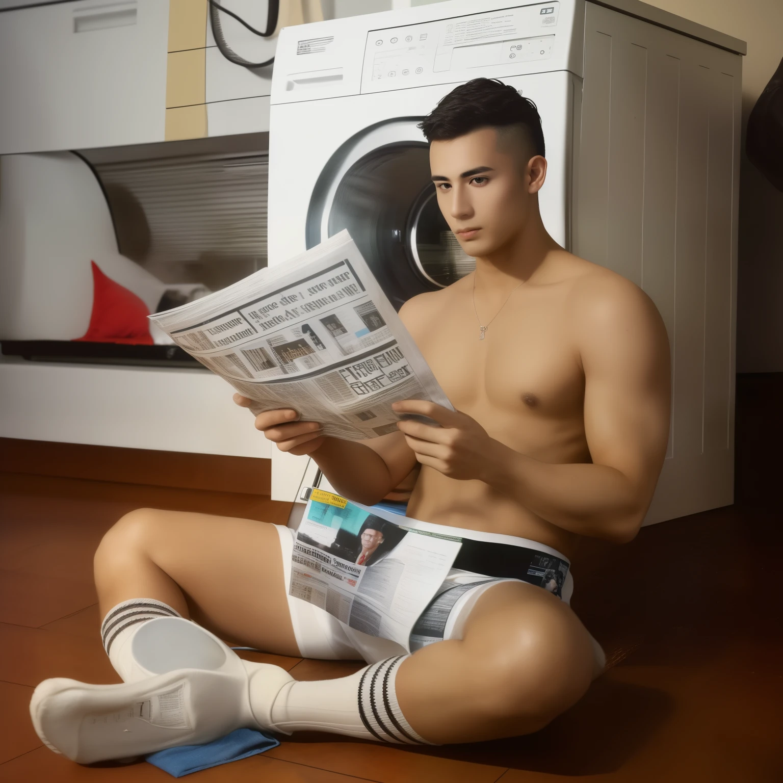 araffe sweet, handsome young man, with a typical Manadonese face, black hair, olive skin, and slim build, sitting on the floor reading a newspaper in front of a washing machine, artem, reading the newspaper, newspaper photography, reading a newspaper, magazine shoot, magazine photo shoot, newspaper, leonid, looking hot, newspaper style, magazine photoshoot