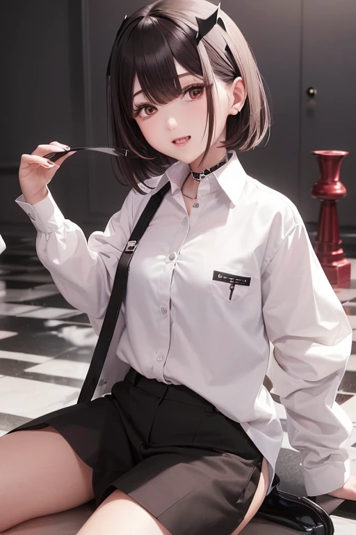 a girl with sharp shark-like teeth with marron hair wearing a white button shirt and a marron and black chessboard pants