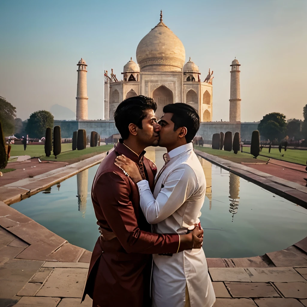 Create a realistic image of two handsome Indian men in traditional Indian clothing hugging and kissing in front of the Taj Mahal.