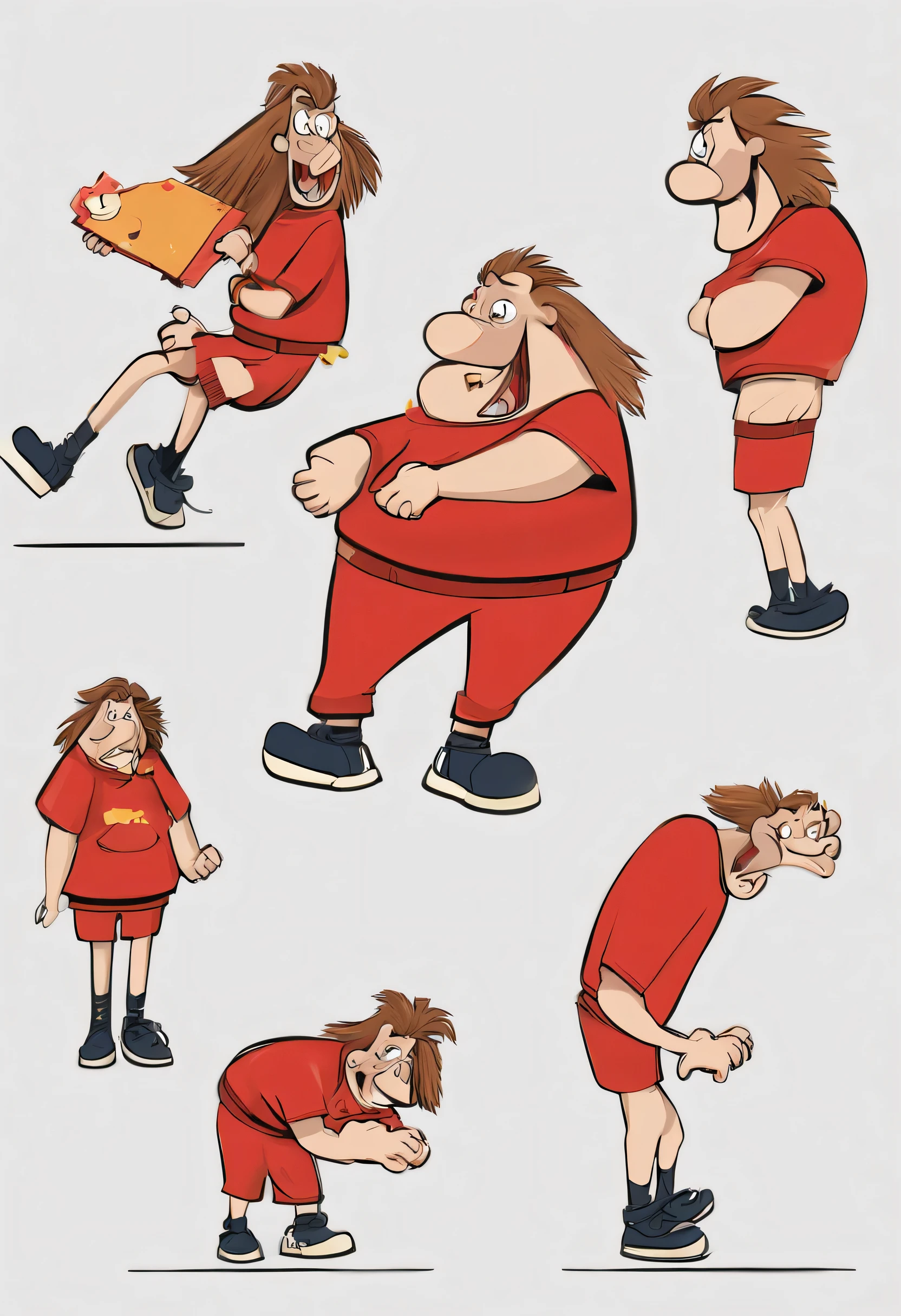 a funny 29 years old cartoon character sheet,rectangular body shape,wearing red jumper,shorts,shoes,long funny hairs,full body,funny expressions 