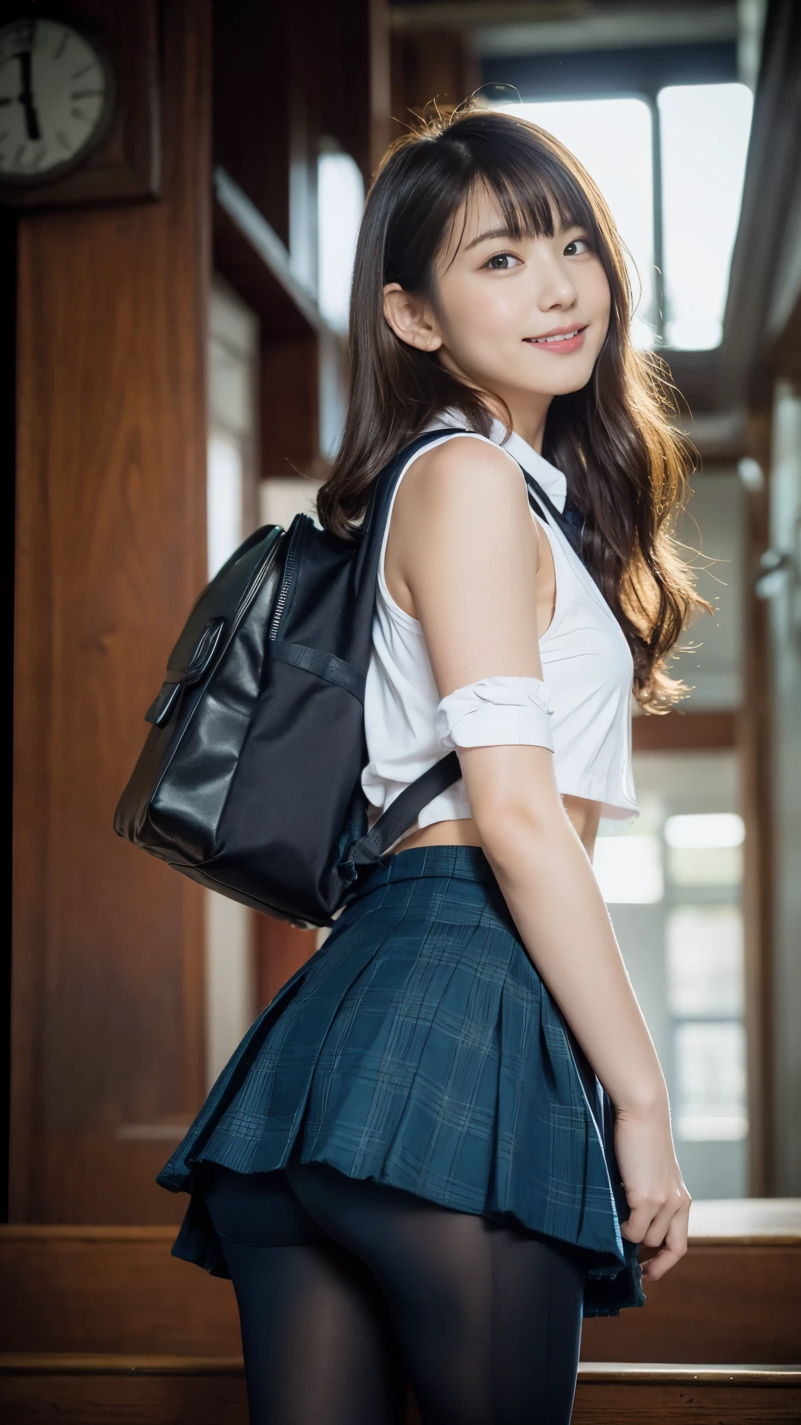 Stand in the classroom of school2robber girl,red tie uniform,dark blue closed blazer,Very short blue plaid miniskirt:1.2,18-year-old,bangs,a little smile,thighs,knees,from below,random pose,pretty girl,slender girl,white panties,Short-cut blonde,short side waves,carrying a black backpack、buttocks are exposed a lot、