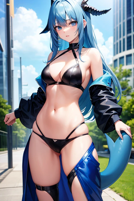 a girl with blue hair blue eyes and a shark tail in an all-blue outfit