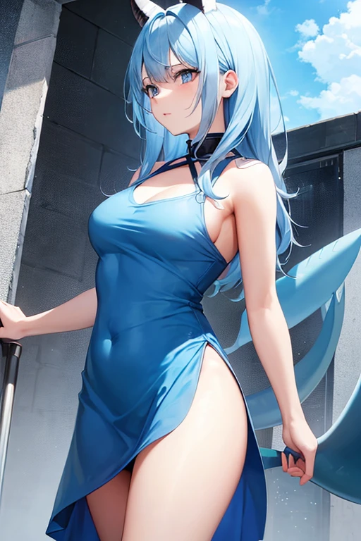 a girl with blue hair blue eyes and a shark tail in an all-blue outfit
