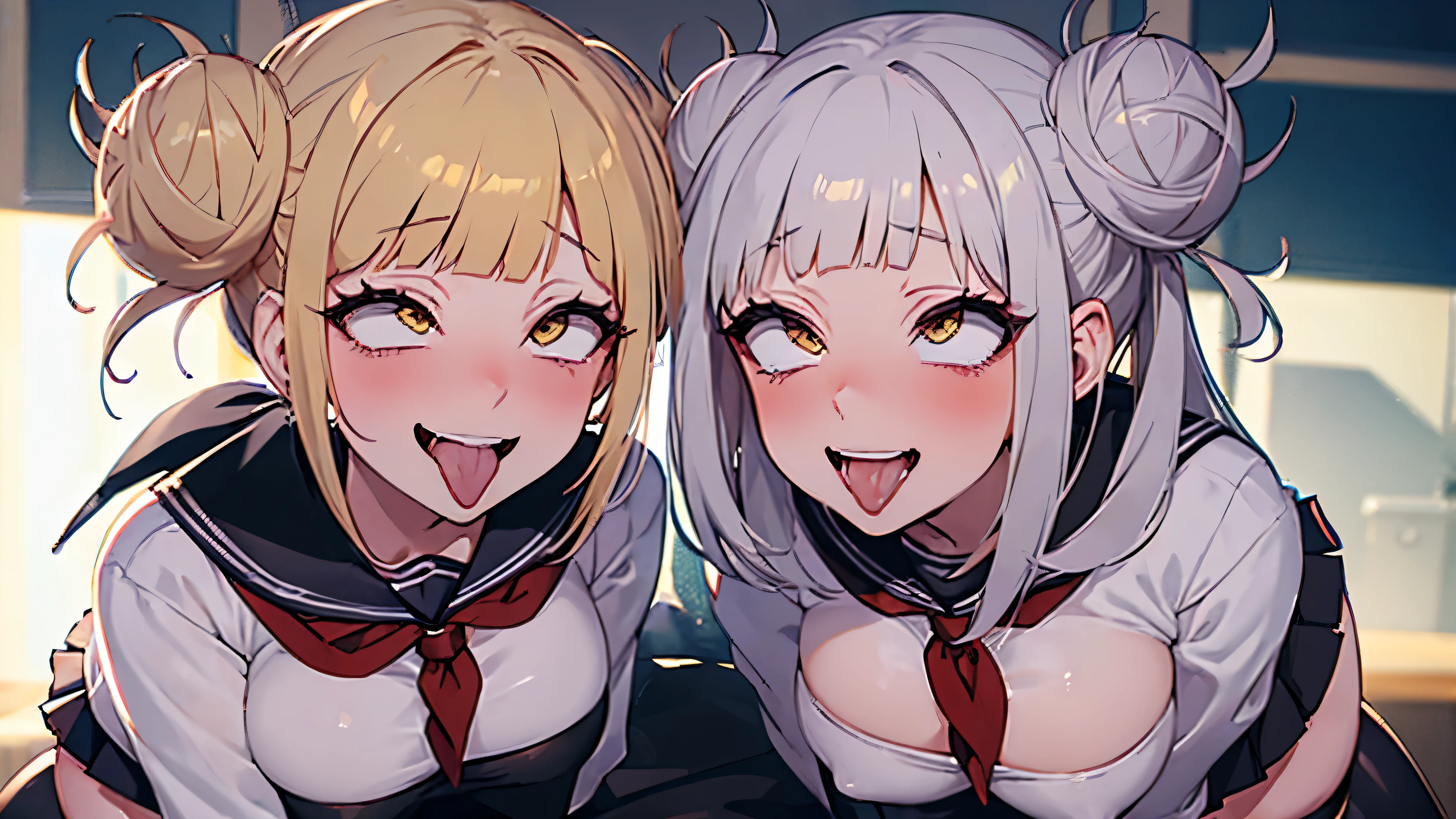 toga himiko, boku no hero academia, 1girl, bangs, black sailor collar, black thighhighs, blonde hair, blue sailor collar, blunt bangs, blush,, brown cardigan, cowboy shot, double bun, grin, hair , yellow eyes , long sleeves, messy hair, narrowed eyes, smile, big breasts. 8K, ultra detailed, beautiful and aesthetic, High quality, beautiful, masterpiece, best quality, standing, leaning forward, shiny skin, tongue out of mouth, blush, sexy body, defined body, perfect eyes, tongue out, blush, crossed eyes, (((close up face)))