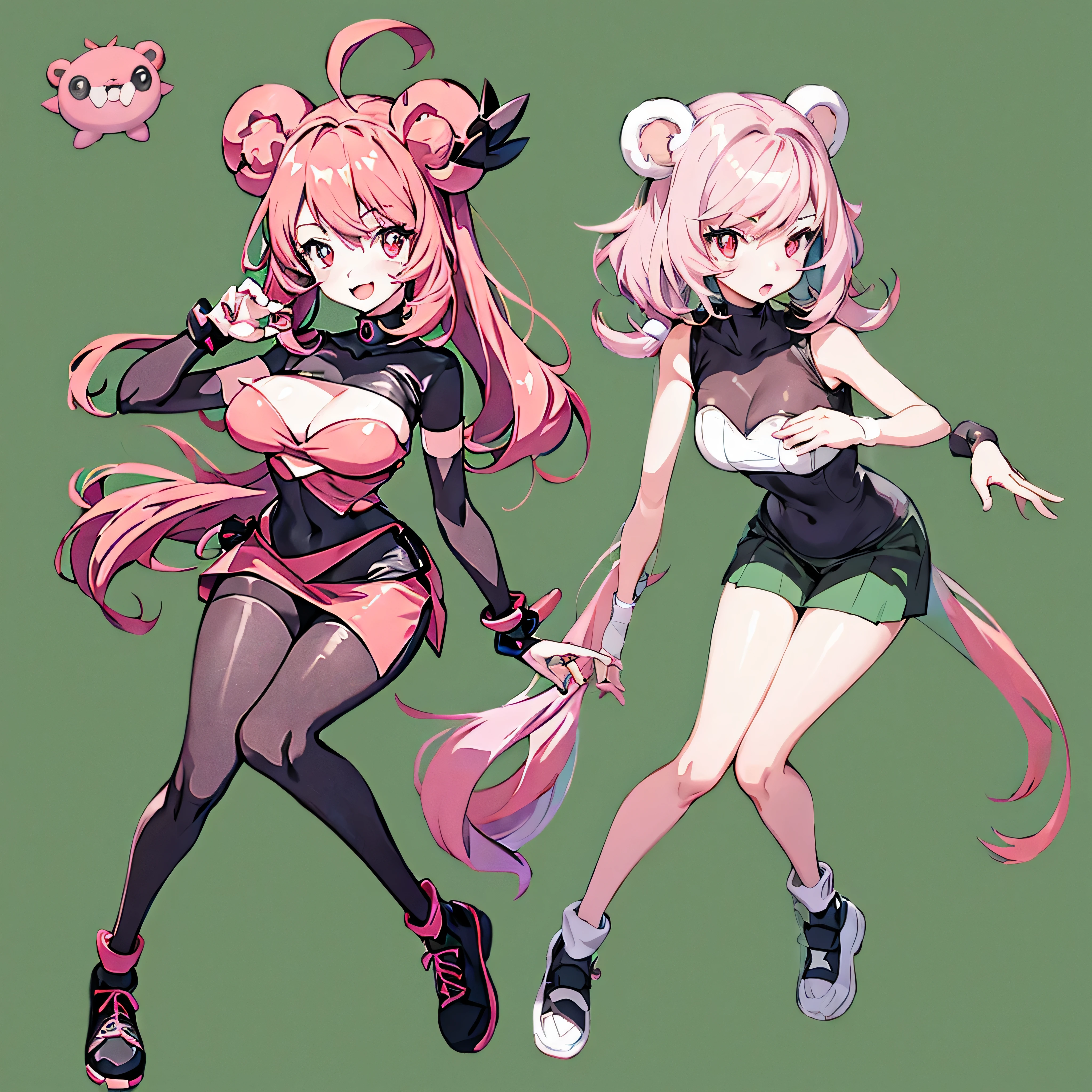 1 girl, pokemon style, green simple background,pink hair,bear ears,red eyes,whole body,