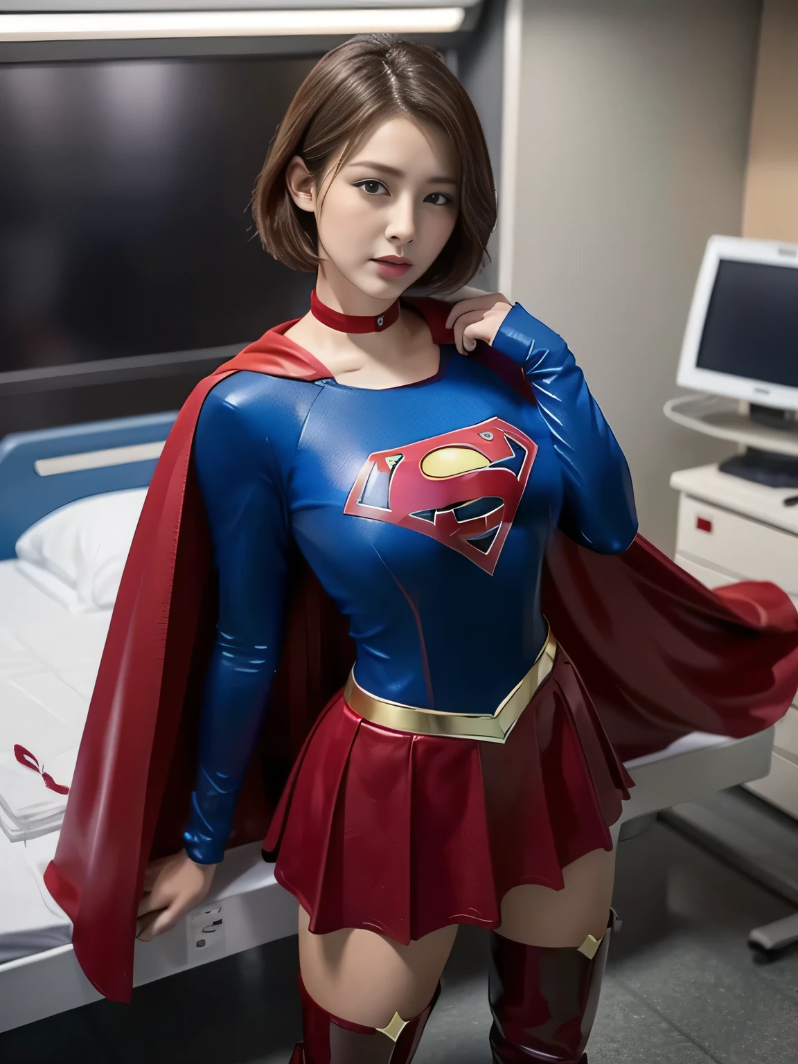 masterpiece,Short-haired Supergirl shows off her thighs on the hospital operating table、Crisis situation、big and full breasts、look at the camera、shiny enamel costume、Gorgeous red enamel long boots、shiny red skirt、choker、long sleeve、Fluttering cloak、seductive gesture、sexy pose、