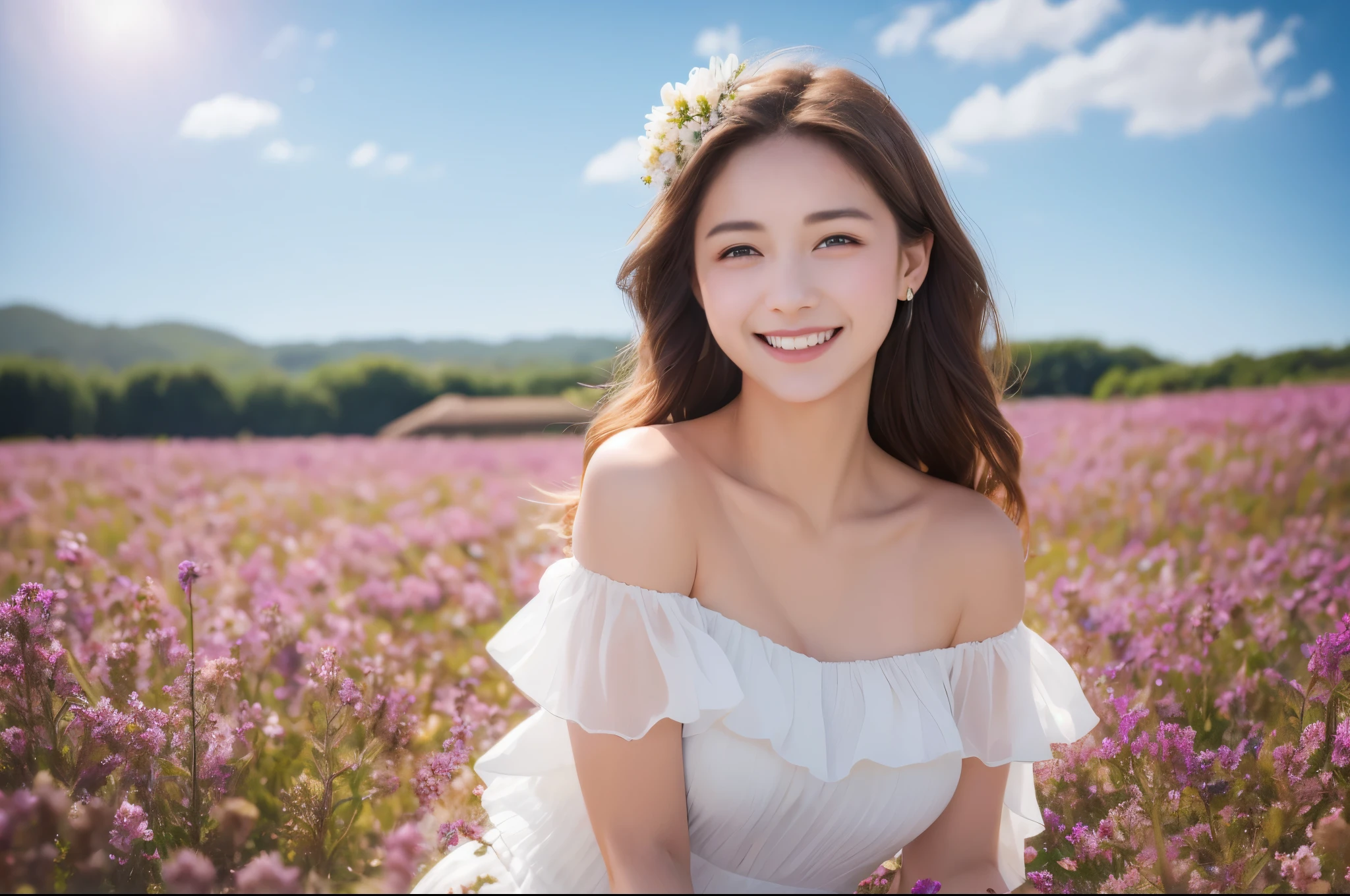 Highest quality, masterpiece, Ultra-high resolution (Realistic: 1.4), RAW Photos, 1 girl, White Dress, Exposing shoulders, A field full of pink flowers, Glowing Skin, smile