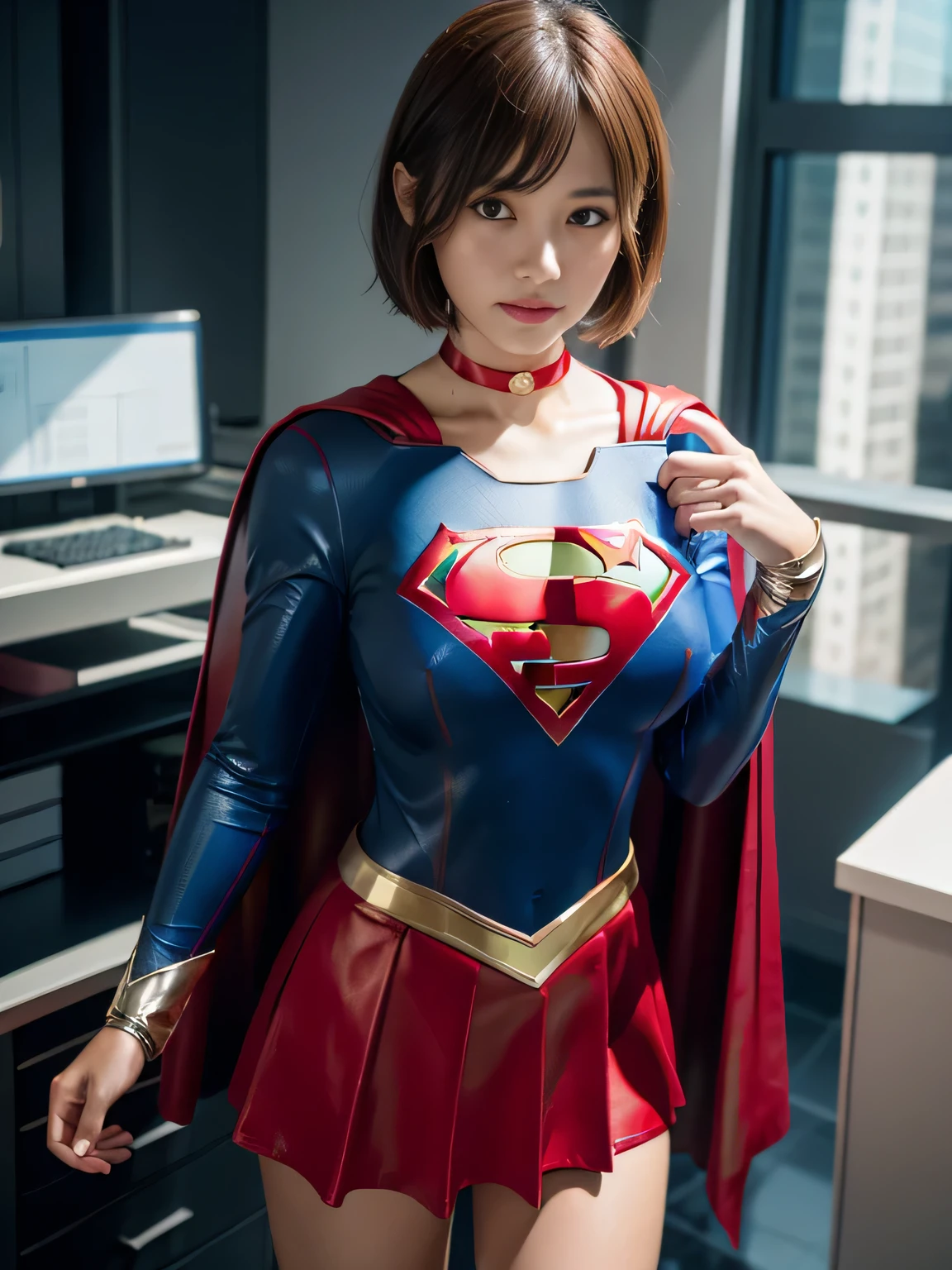 masterpiece、supergirl costume、short hair、Crisis situation、barefoot、big and full breasts、operating room、operating table、straddle、damaged、shiny costume、choker、red mini skirt、long sleeve、looking at camera、seductive gesture、