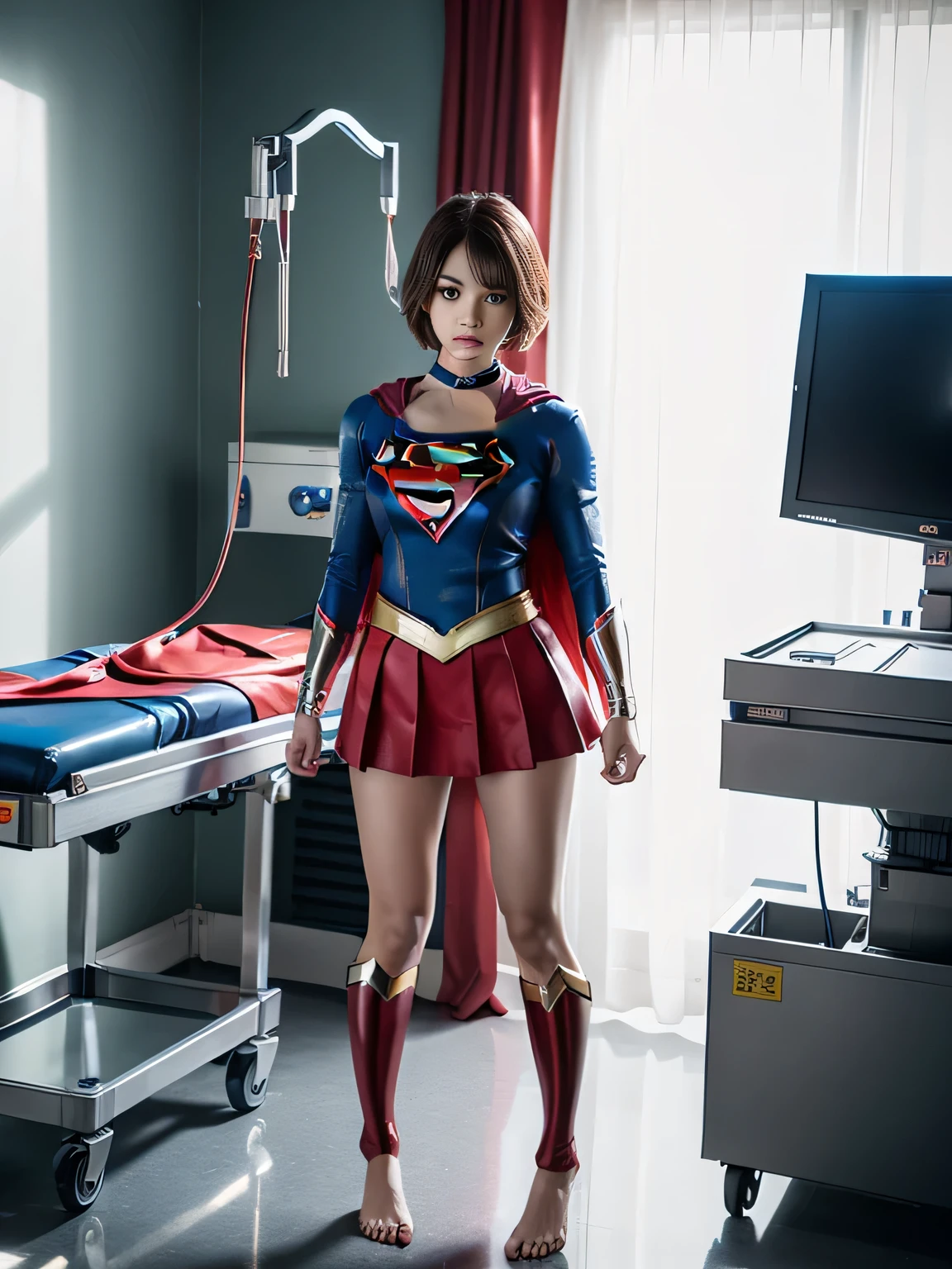 masterpiece、supergirl costume、short hair、Crisis situation、barefoot、big and full breasts、operating room、operating table、straddle、damaged、shiny costume、choker、red mini skirt、long sleeve、looking at camera、seductive gesture、