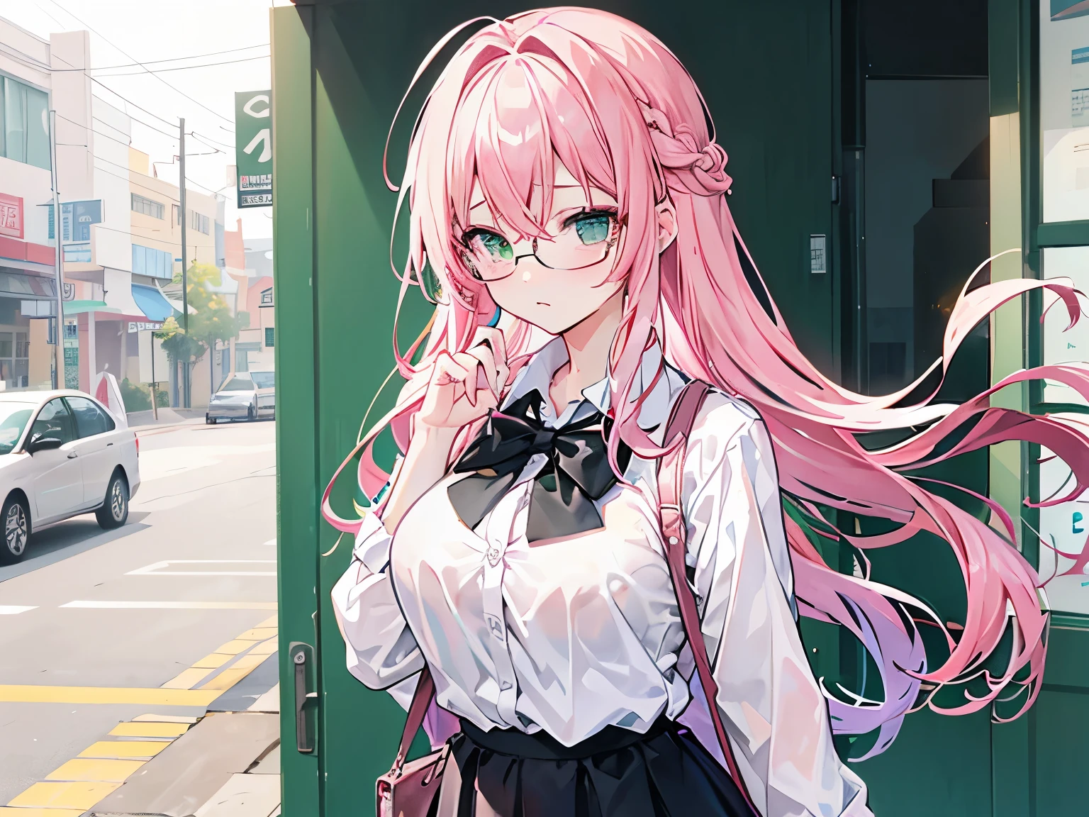 pink haired girl, 25 years old,  body, golden eyes, long hair,Green braid tied in bows left and right....wear glasses........big breasts..,, Wear a white shirt.. Wear a black miniskirt.. From America....big breastsสีขาวสวมเสื้อชั้นในสีดำ.,(shy).....The background is school.