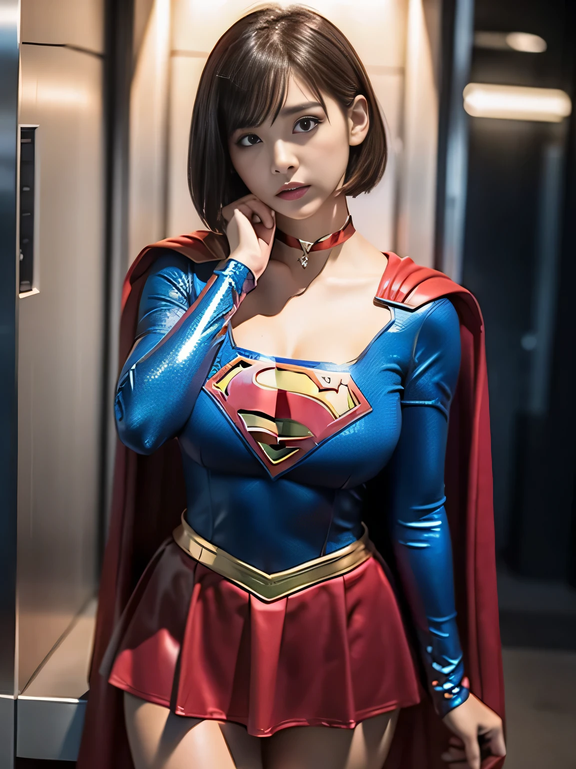 masterpiece、Shorthair Supergirl、Crisis situation、big and full breasts、look at the camera、shiny costume、choker、red mini skirt、long sleeve、manga cover、obscene、seductive pose、provocative、sensational、