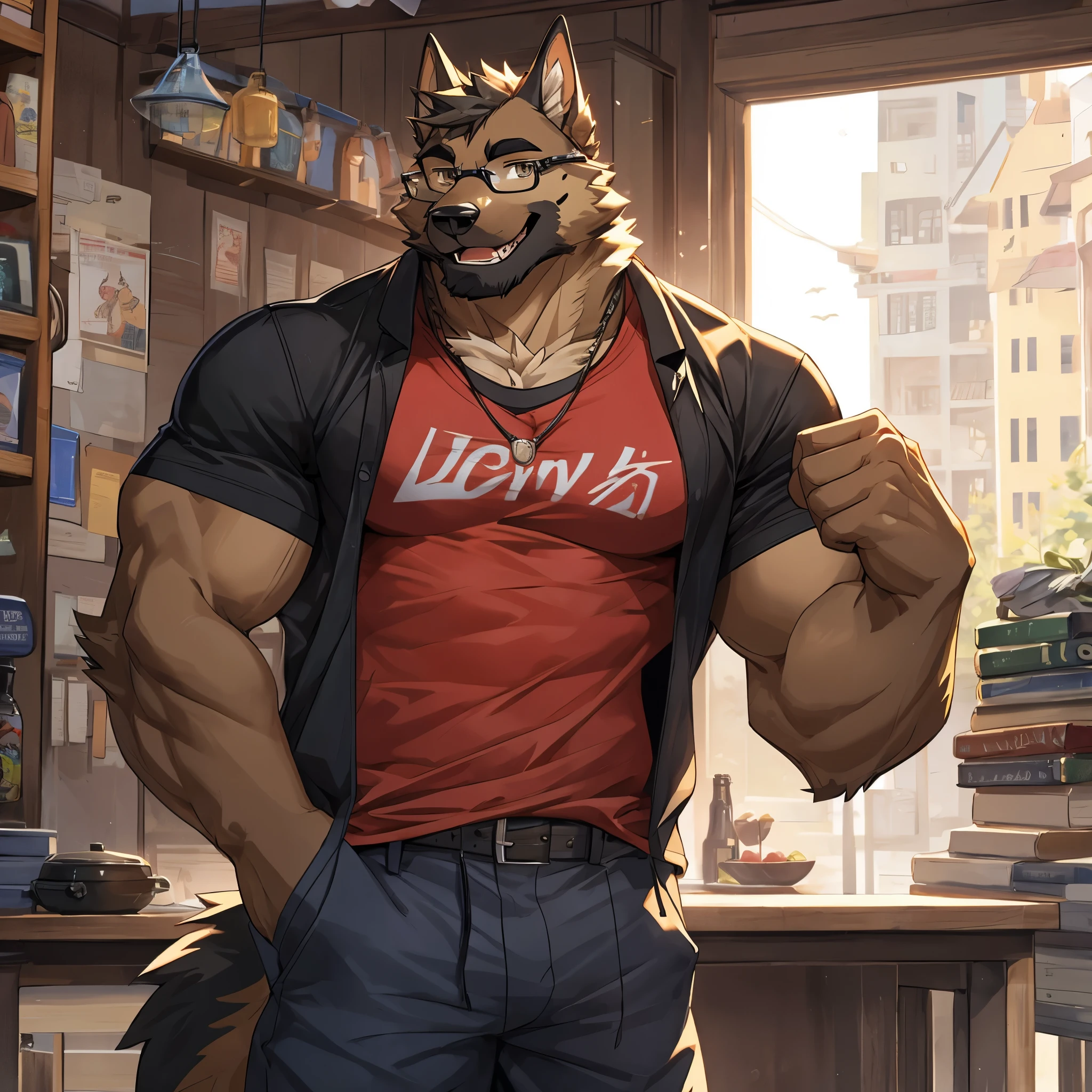 solo, pubraseer, furry german sheperd dog, muscular body, handsome, Smiling, mouth open, holding glassess, cool pose, casual shirt, casual pants.