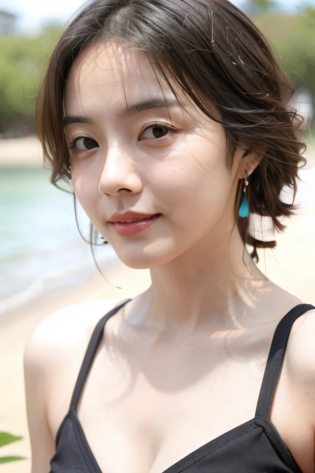 ((highest quality、8K resolution、master masterpiece、portrait:1.3)), Photoreal, 35mm film, 1 Japanese female,Beautiful woman, on the street during the day, wrinkles around the eyes, plump body,pixie cut_boyish,((black_bikini:1.3)) , (outdoors_on the beach: 1.3), jumbled background,look at the audience