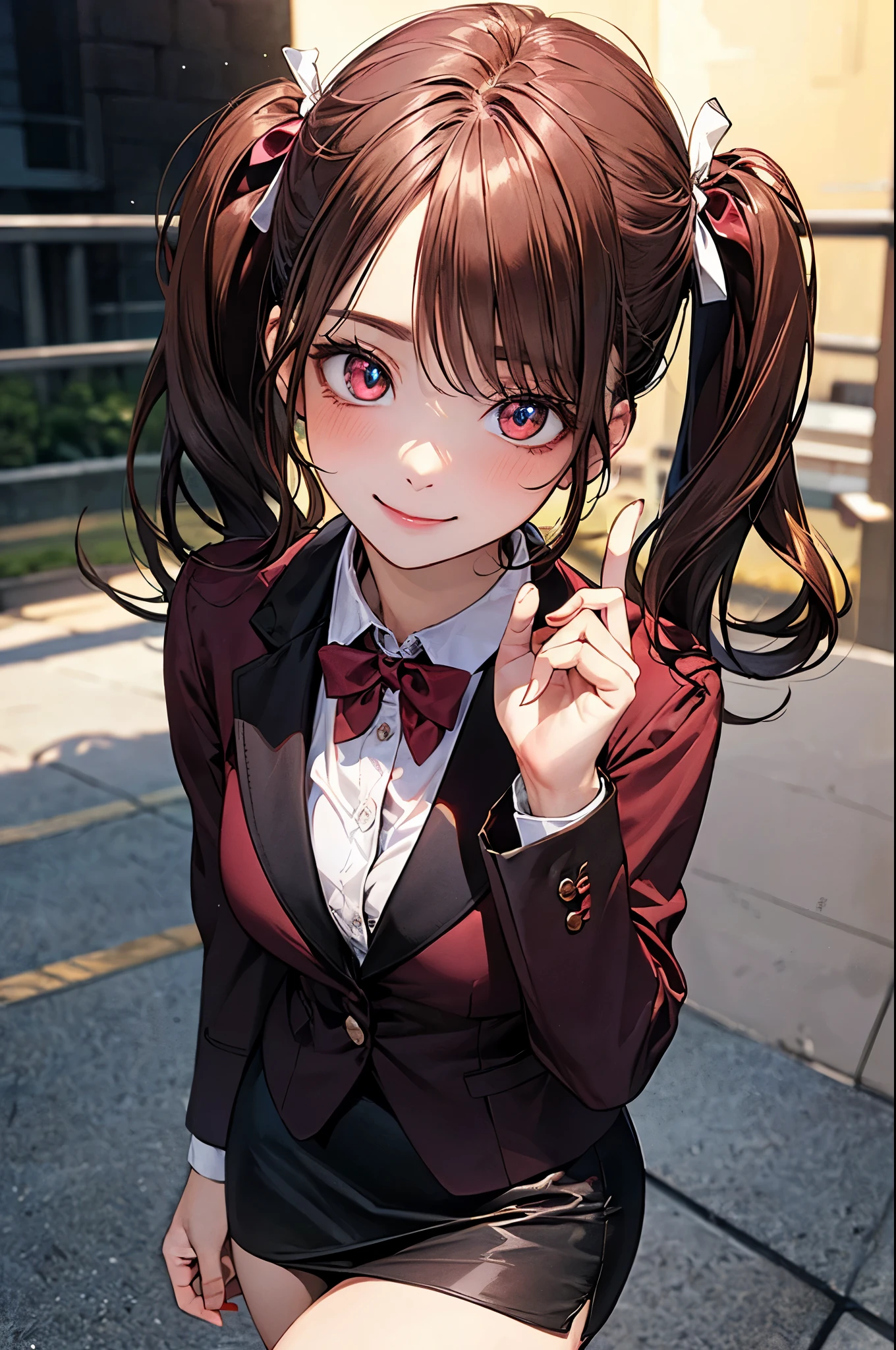 (masterpiece:1.2, top-quality), (realistic, photorealistic:1.4), beautiful illustration, (natural side lighting, movie lighting), nsfw, 
looking at viewer, (face focus, upper body), 1 girl, japanese, high school girl, perfect face, cute and symmetrical face, shiny skin, 
(long hair:1.5, twintails:1.4, dark brown hair), asymmetrical bangs, 2 hairpin, dark red eyes, glowing eyes, big eyes, drooping eyes, long eye lasher, (medium breasts), slender, dark red hair ribbon, 
beautiful hair, beautiful face, beautiful detailed eyes, beautiful clavicle, beautiful body, beautiful chest, beautiful thigh, beautiful legs, beautiful fingers, 
((dark red school blazer, dark brown pocket and collar, white collared shirts, dark red mini skirt), dark red bow tie), 
(beautiful scenery), evening, (pink lined-heart background), standing, index finger raised, (heart👁️‍‍🗨️, happy smile, upper eyes),
