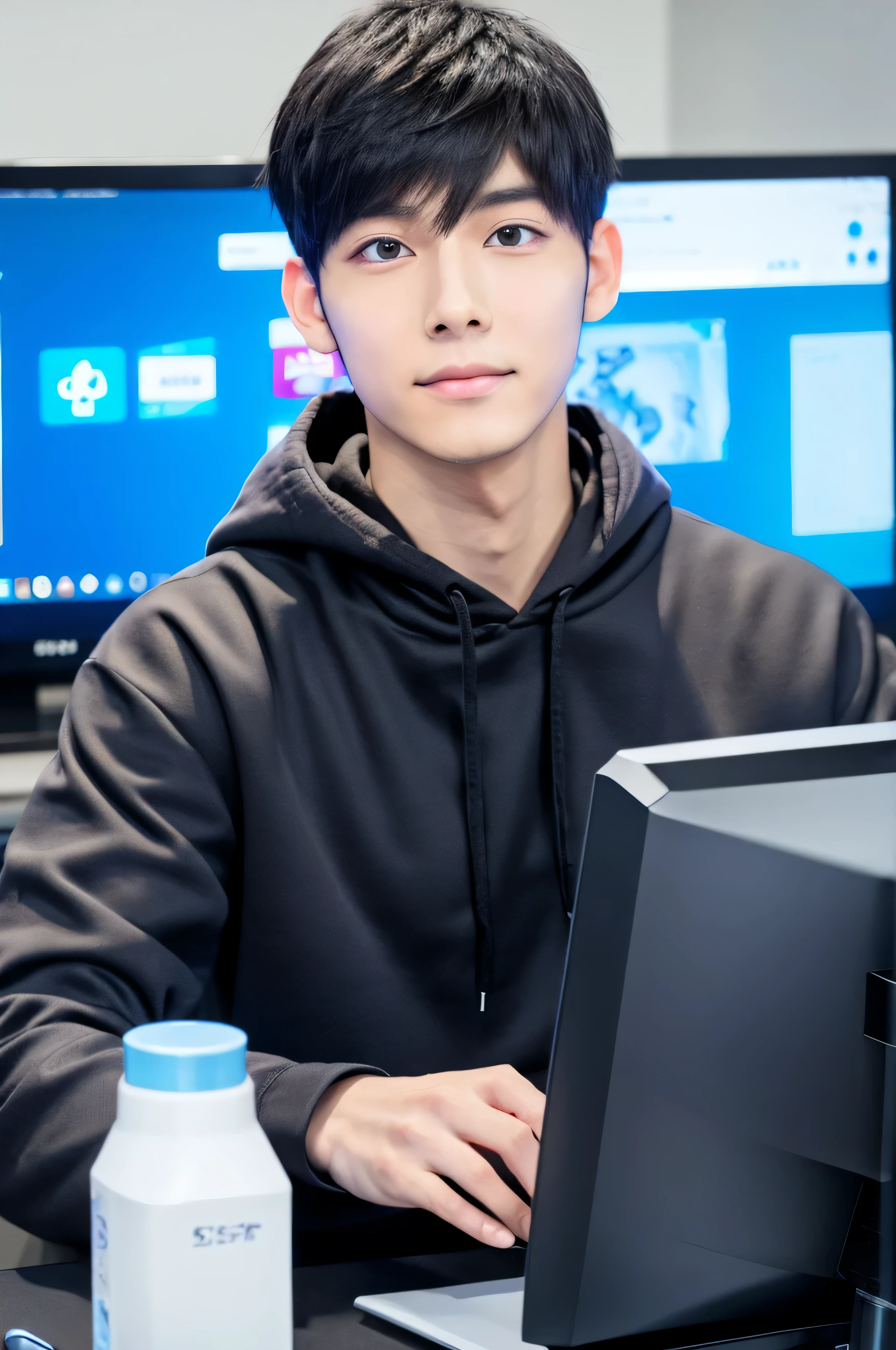 A male university student wearing a hoodie is operating a computer,Looks like Japanese, clear, Double-sided, and cleanly.,Fair skin,a handsome guy,black hair,salt face