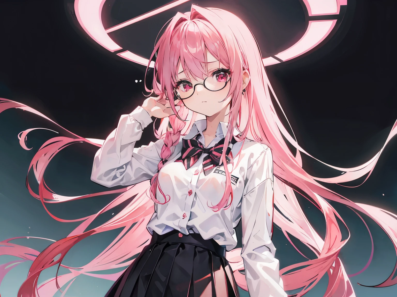 pink haired girl, 25 years old,  body, red eyes, long hair,Green braid tied in bows left and right....wear glasses........small breasts, Wear a white shirt.. Wear a black miniskirt.. From America...Wear a black bra..,(shy).....The background is school.