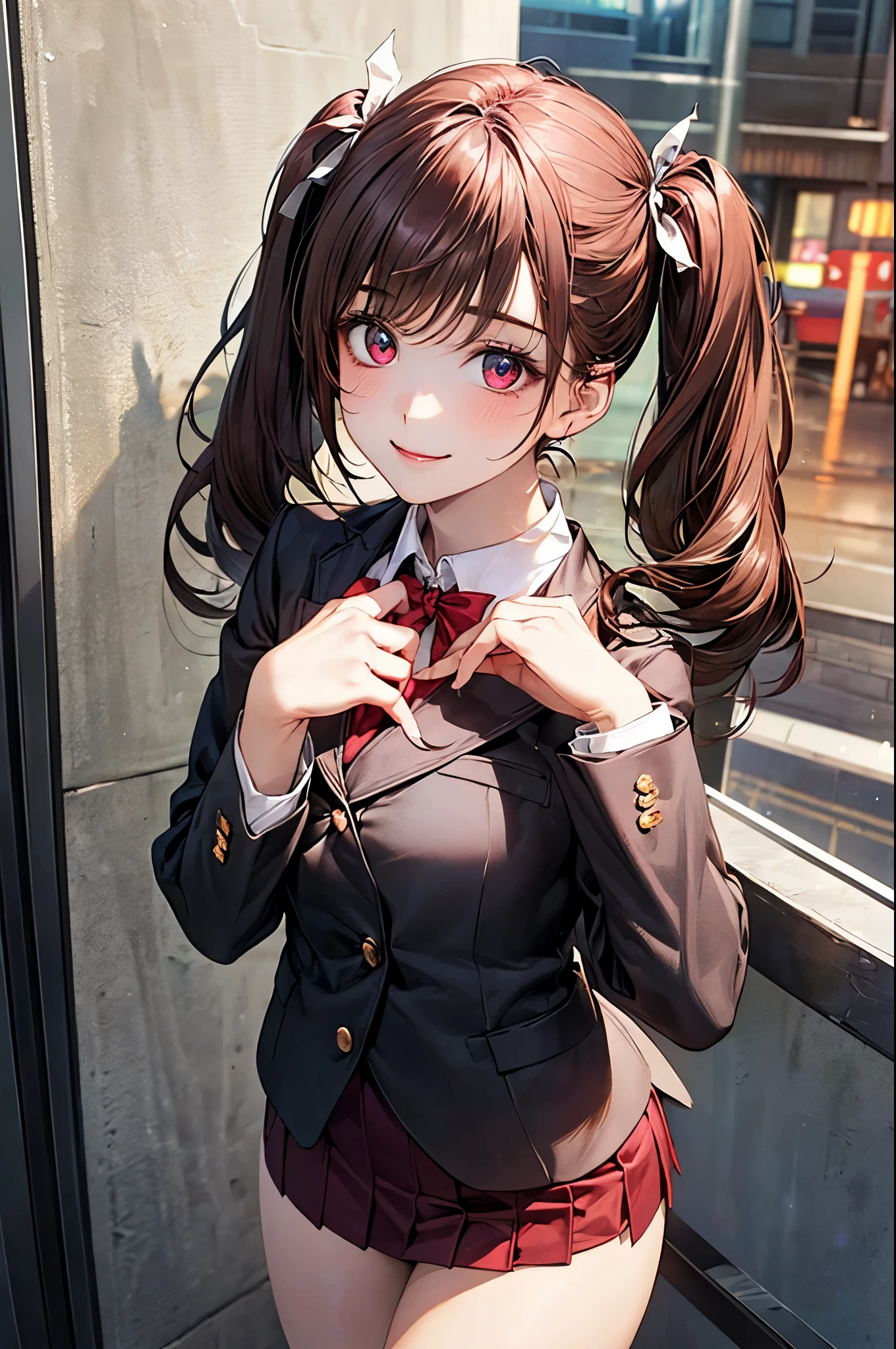 (masterpiece:1.2, top-quality), (realistic, photorealistic:1.4), beautiful illustration, (natural side lighting, movie lighting), nsfw,
looking at viewer, (face focus, upper body), 1 girl, japanese, high school girl, perfect face, cute and symmetrical face, shiny skin,
(long hair:1.5, twintails:1.4, dark brown hair), asymmetrical bangs, 2 hairpin, dark red eyes, glowing eyes, big eyes, drooping eyes, long eye lasher, (medium breasts), slender, dark red hair ribbon,
beautiful hair, beautiful face, beautiful detailed eyes, beautiful clavicle, beautiful body, beautiful chest, beautiful thigh, beautiful legs, beautiful fingers,
((dark red school blazer, dark brown pocket and collar, white collared shirts, dark red mini skirt), dark red bow tie),
(beautiful scenery), evening, (pink lined-heart background), standing, index finger raised, (heart👁️🗨️, happy smile, upper eyes),