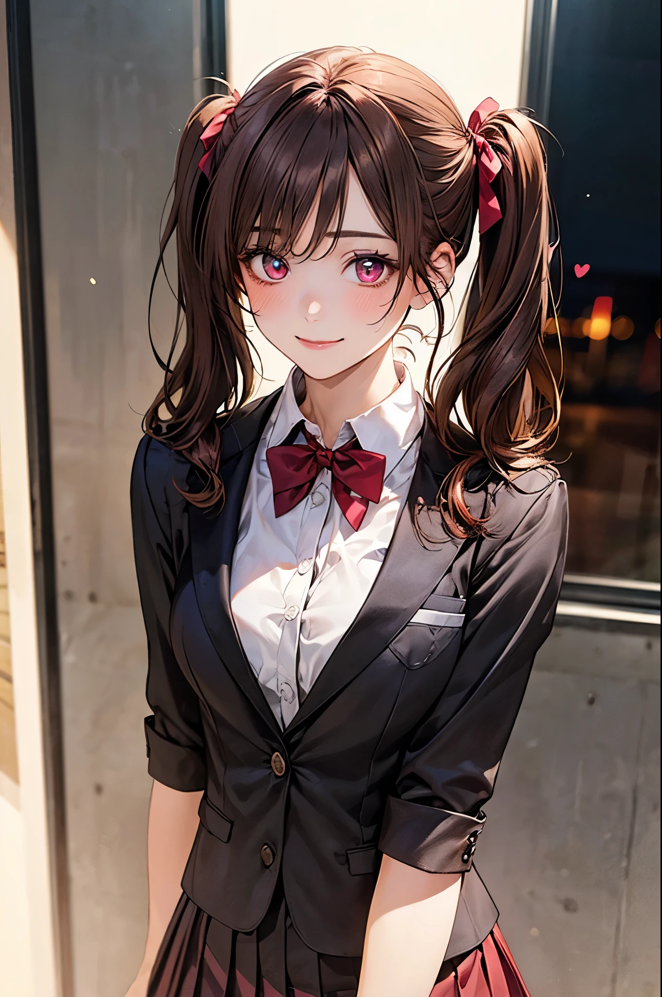 ((table top, highest quality, High resolution, nffsw, perfect pixel, 4k, nffsw, nffsw))), 1 girl, single, alone, beautiful woman、I could see the whole body、 ((ponytail, bangs, brown hair)), ((brown eyes, beautiful eyelashes, realistic eyes)), ((detailed face, blush:1.2)), ((smooth texture:0.75, realistic texture:0.65, realistic:1.1, Anime CG style)), medium breasts, dynamic angle, perfect body, ((red bow tie, school uniform, black jacket, open jacket, brown cardigan, white shirt, pink horizontal string panties、satin panties、The edge of the panties is black lace)), city stairs、Looking up from the bottom of the stairs、Very embarrassing panic smile, looked back、lean forward、(buttocks exposed、touch your butt with both hands、pink panties)
