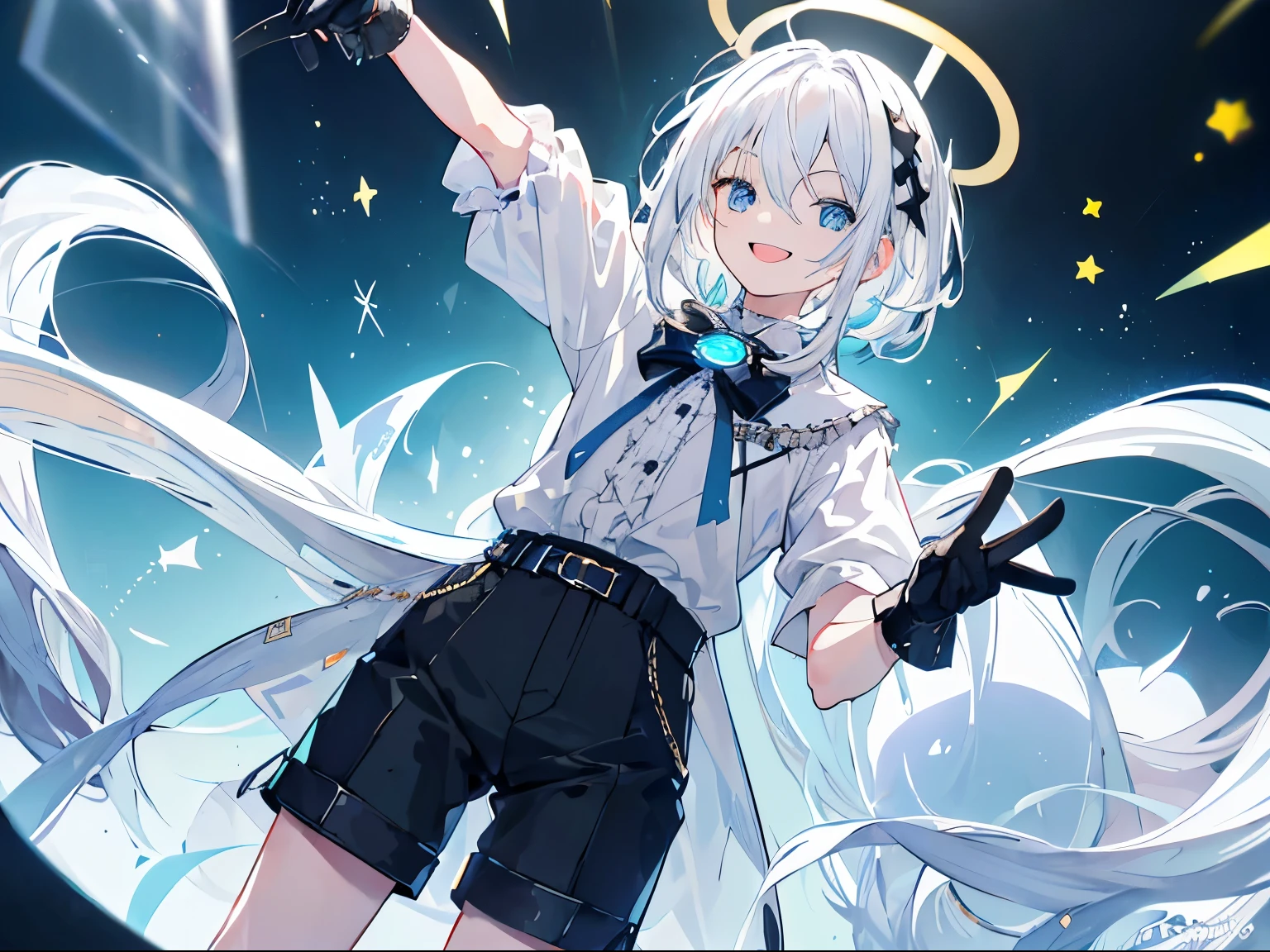 disorganized, ultra high resolution,,looking at viewer, (face focus:1.3), (From before:1.5),(Based on white and light blue:1.3),
(one boy:1.3), (:1.2), (long white hair:1.5), (light blue eyes:1.5), (Smile:1.7), , (singing:1.3), Twisting waist, (shining eyes:1.3), (upward facing eyes, Smile:1.2), Cross-shaped pupils that shine white, (black gloves:1.2), (ruffle shirt:1.2), (pointing:1.3), noble clothes, (short trousers:1.3)、sock garter、Idol, (thighs:1.3), (face focus:1.2), round eyes,sense of speed, さわやかなWind, motion blur effect, Wind、background is (Idolステージで:1.3), (Stand in the center of the screen:1.3), indoor, Idol live, (カラフルなSpotlight:1.7)
particles of light,dynamic angle, dutch angle, p(night, Spotlight:1.5), Depth of the bounds written, Bokeh, Light leakage, (chromatic aberration:1.2)