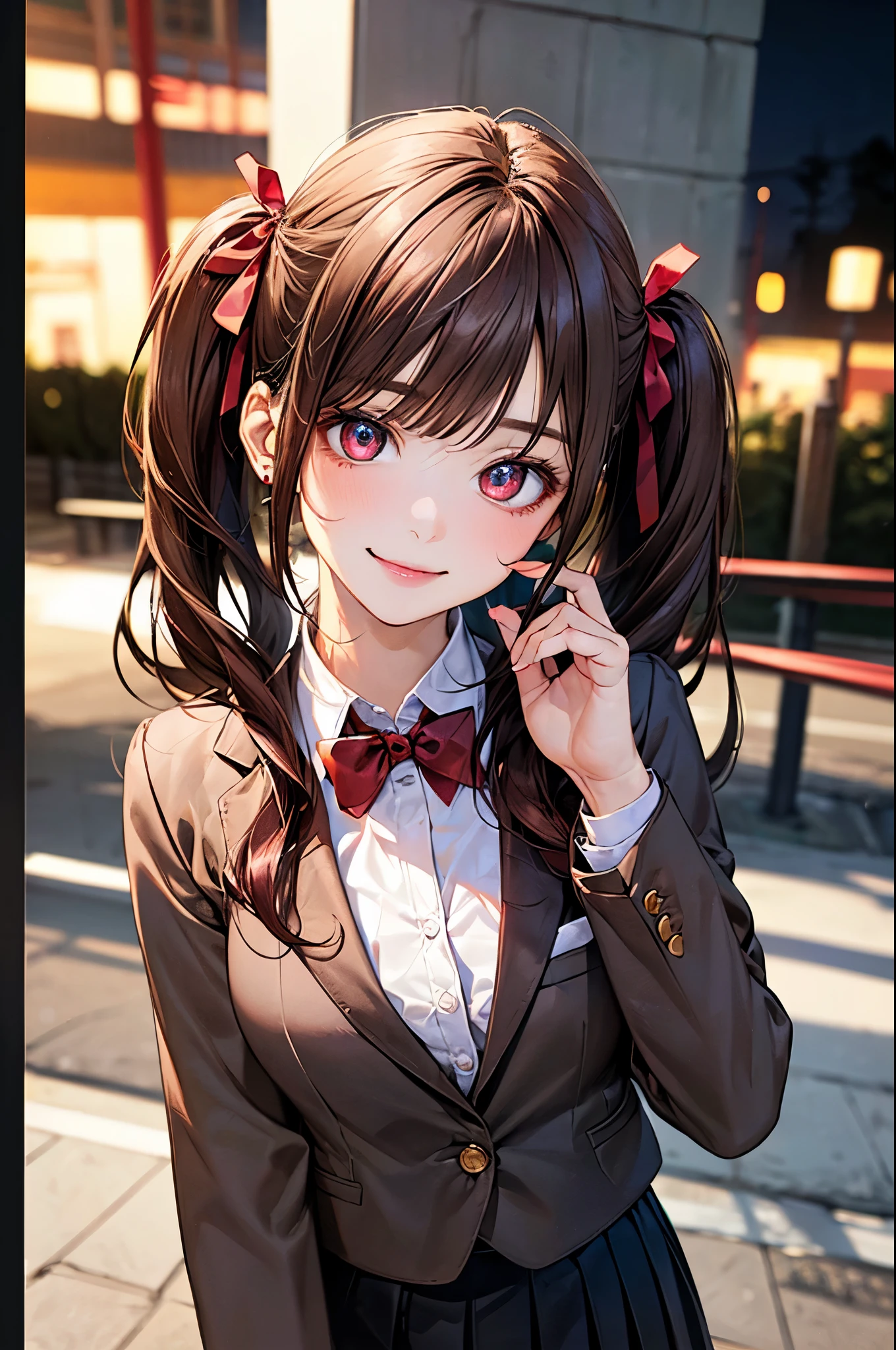 (masterpiece:1.2, top-quality), (realistic, photorealistic:1.4), beautiful illustration, (natural side lighting, movie lighting), nsfw,
looking at viewer, (face focus, upper body), 1 girl, japanese, high school girl, perfect face, cute and symmetrical face, shiny skin,
(long hair:1.5, twintails:1.4, dark brown hair), asymmetrical bangs, 2 hairpin, dark red eyes, glowing eyes, big eyes, drooping eyes, long eye lasher, (medium breasts), slender, dark red hair ribbon,
beautiful hair, beautiful face, beautiful detailed eyes, beautiful clavicle, beautiful body, beautiful chest, beautiful thigh, beautiful legs, beautiful fingers,
((dark red school blazer, dark brown pocket and collar, white collared shirts, dark red pleated mini skirt), dark red bow tie),
(beautiful scenery), evening, (pink lined-heart background), standing, index finger raised, (heart👁️🗨️, happy smile, upper eyes),