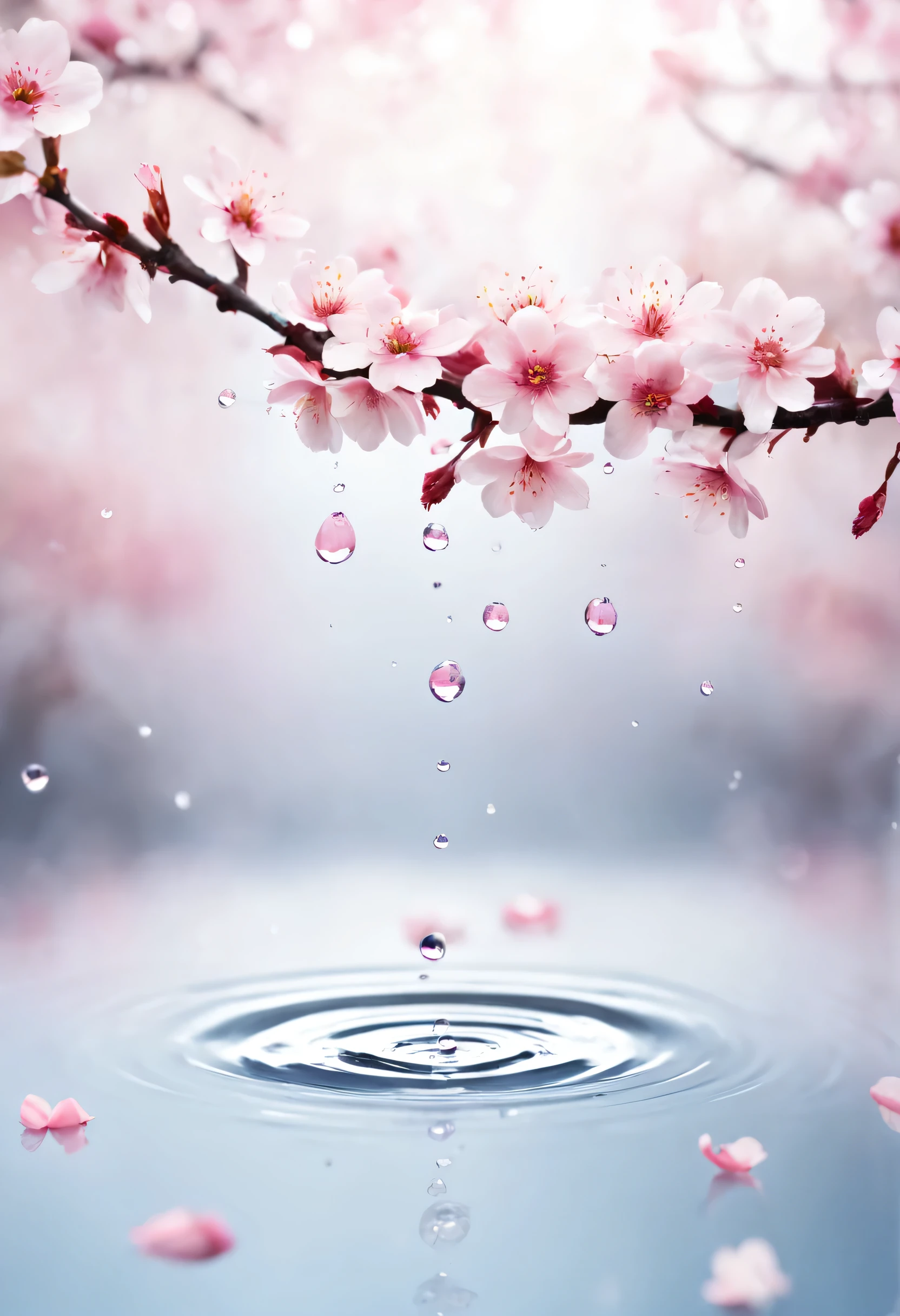 high quality, 8k ultra hd, Petals dance magically in the water droplets、Create an image depicting beautiful tear-shaped water droplets。The flowers are cherry blossom petals、The background should be light pink