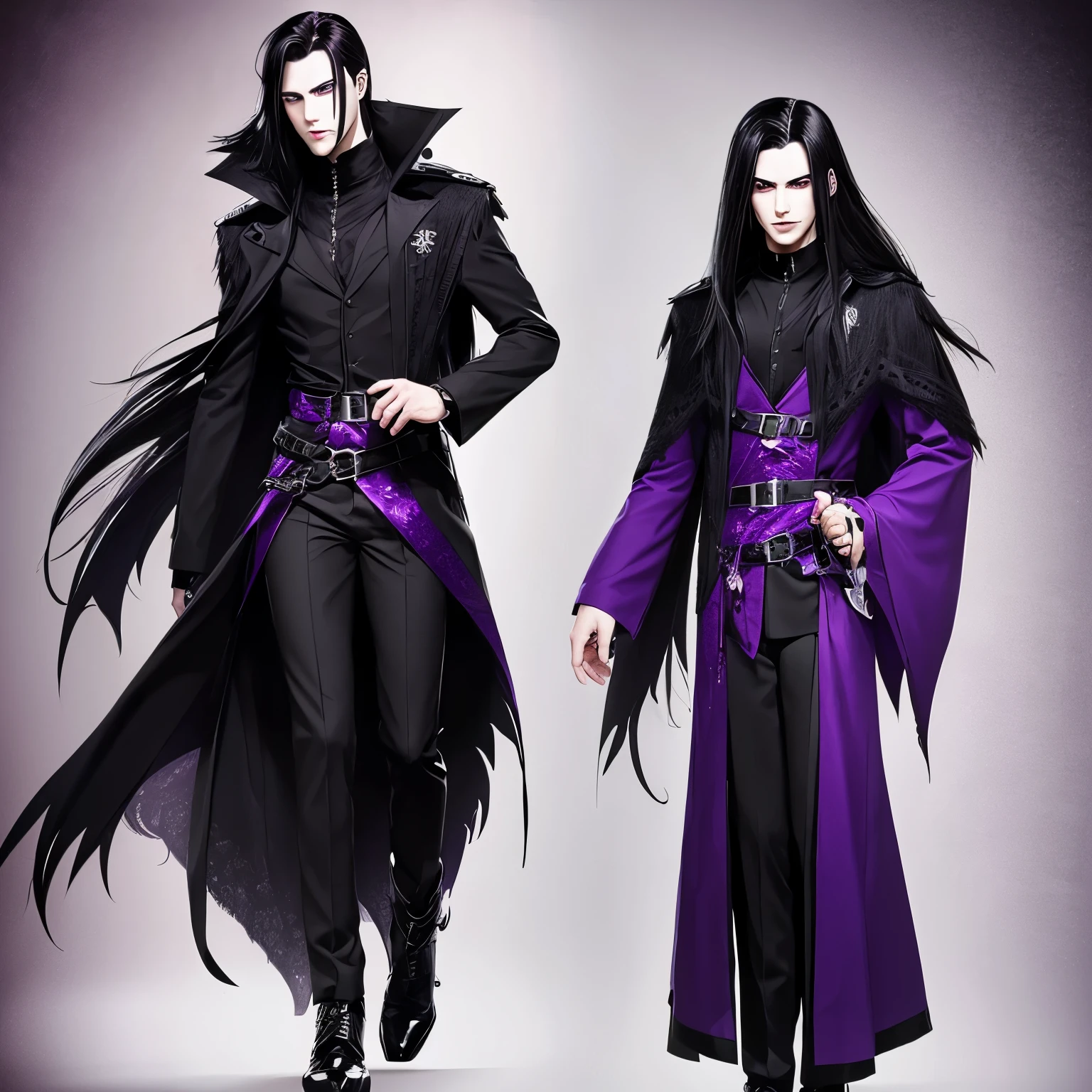 6'2 male, long raven black hair, goth pale skin, and purple eyes