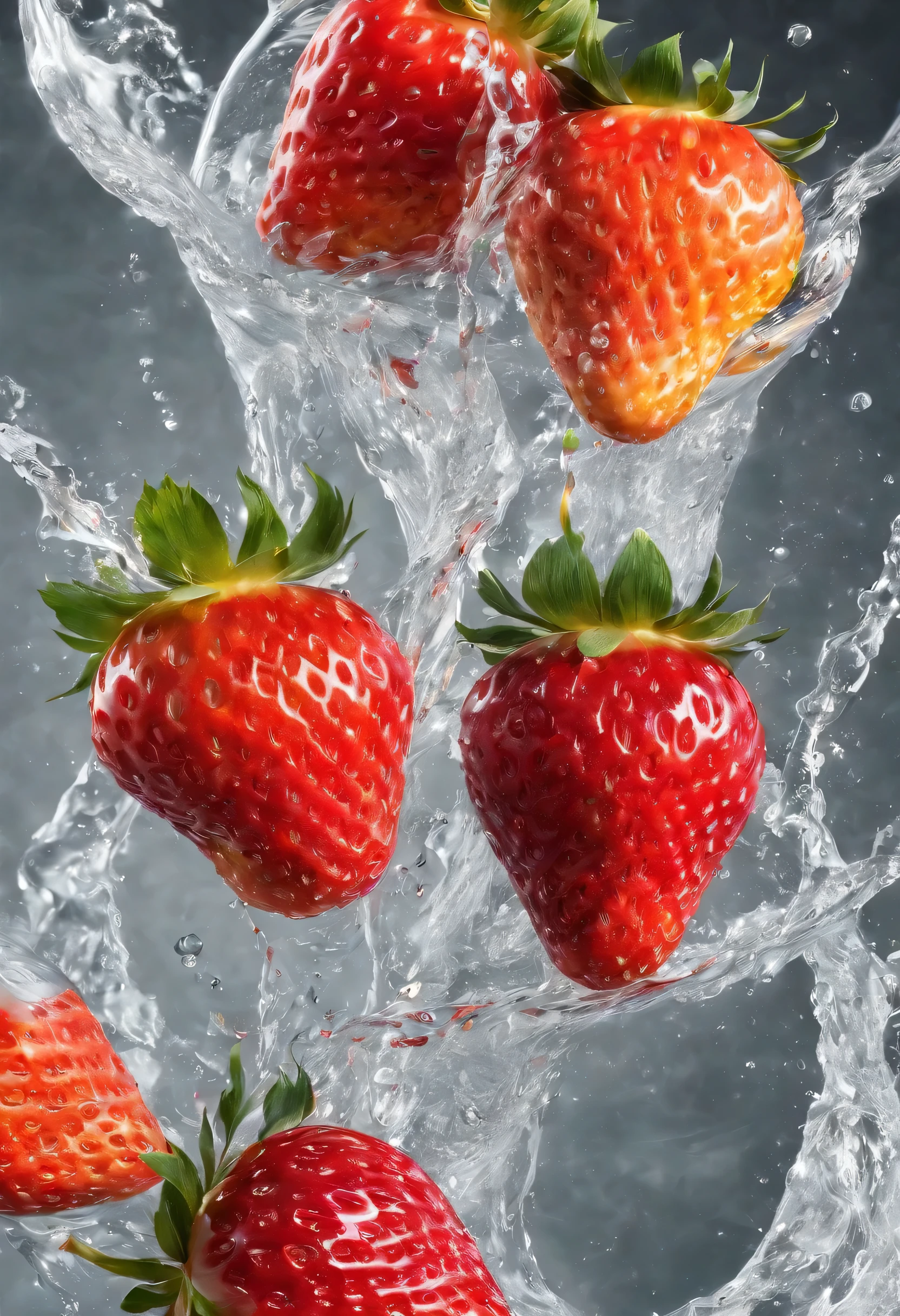 cinematic RAW photo,foto ultra real,Ultra foto realsisim,Digital SLR,soft lighting,Product photo of 5 strawberries falling into the water、Drippy、Splash clear liquid、water bloom,dynamic compositions,(master part) (best quality) (circunstanciado) (Cinematic lighting) (foco nítido) (intrincado), master part, best quality, ultrahigh-resolution, 8K UHD