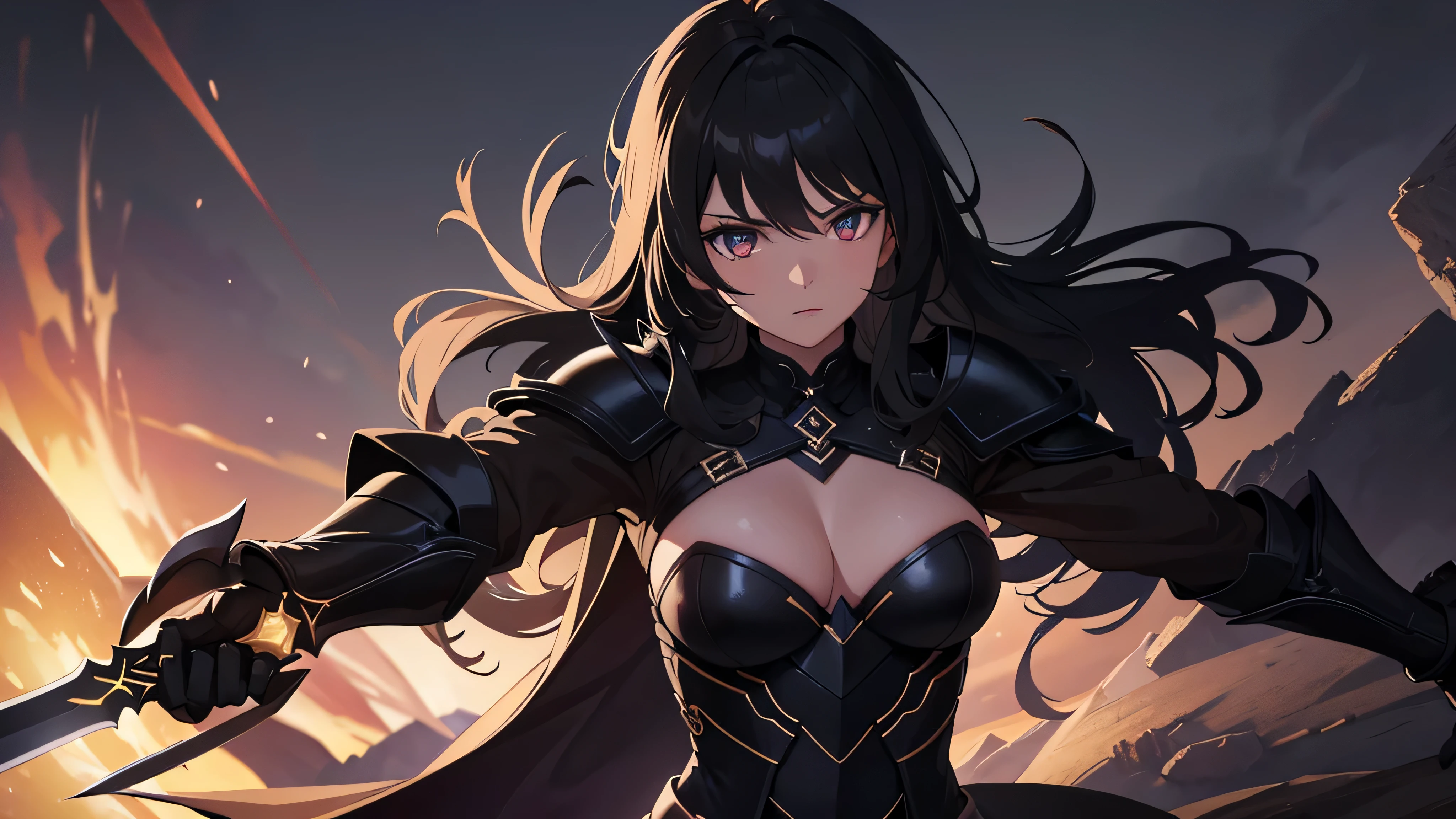 Highres, high quality, Epic Darklight atmosphere, stunning 4k artwork featuring a beautiful a female darkness knight with lustrous, dark black hair that glows, wielding a sword to protect herself.